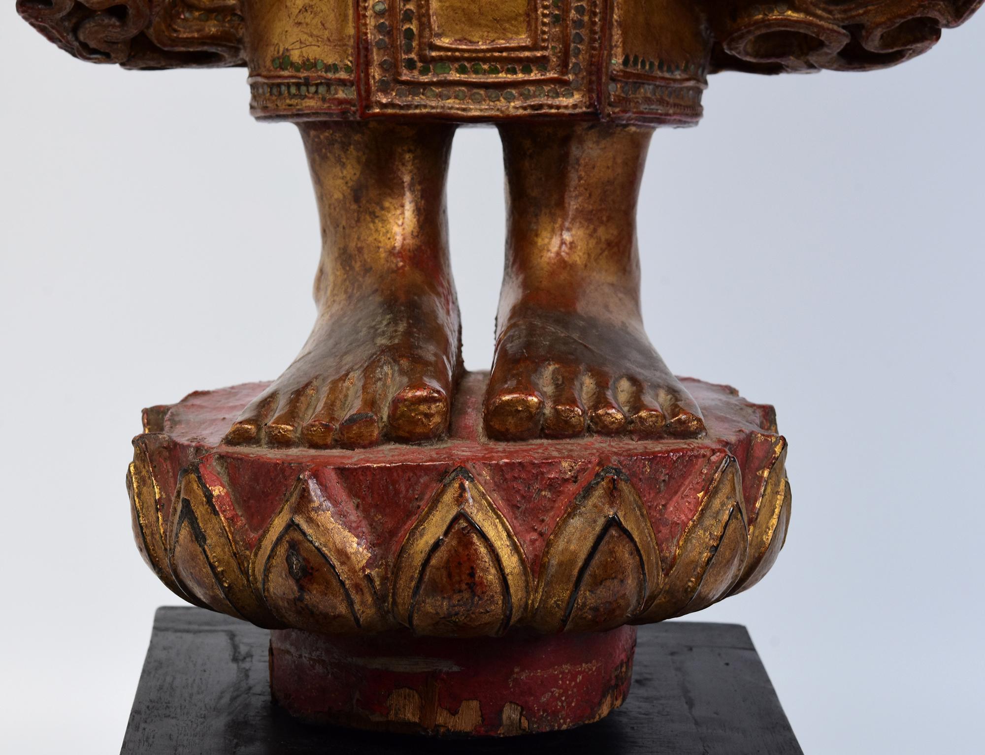 19th Century, Mandalay, Antique Burmese Wooden Standing Buddha with Gilded Gold For Sale 3