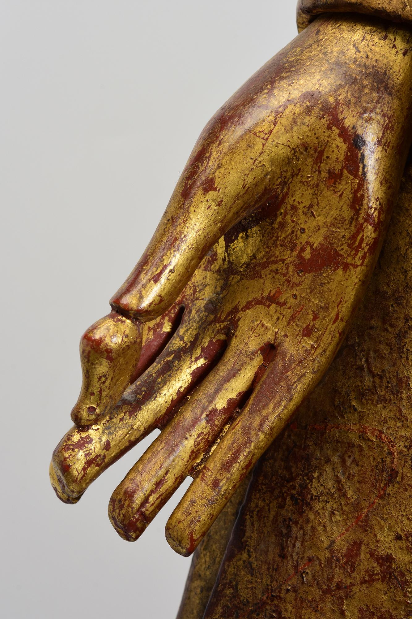 19th Century, Mandalay, Antique Burmese Wooden Standing Buddha with Gilded Gold For Sale 3