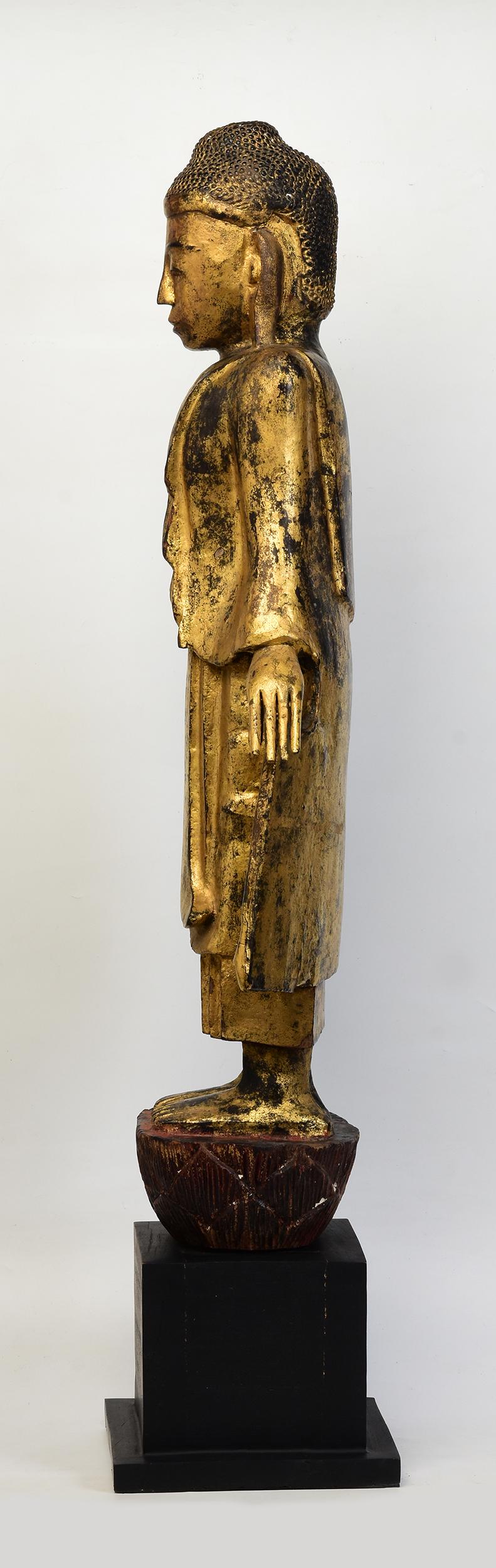19th Century, Mandalay, Antique Burmese Wooden Standing Buddha with Gilded Gold For Sale 4
