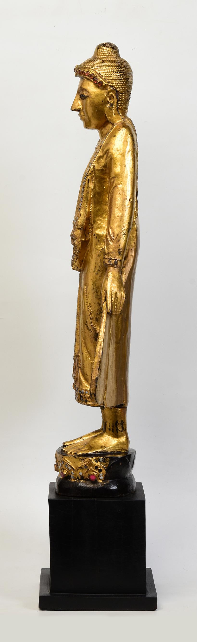 19th Century, Mandalay, Antique Burmese Wooden Standing Buddha with Gilded Gold For Sale 4