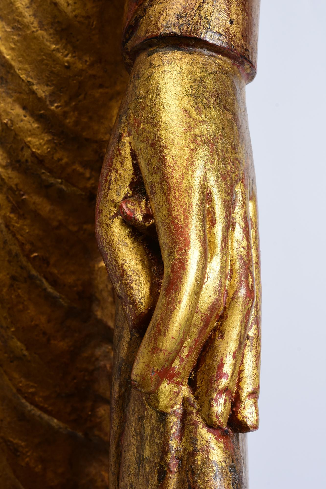 19th Century, Mandalay, Antique Burmese Wooden Standing Buddha with Gilded Gold For Sale 4