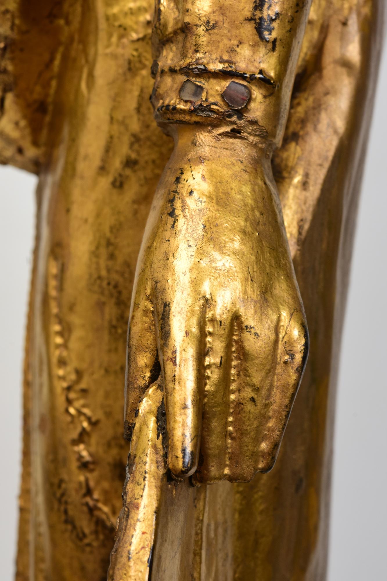19th Century, Mandalay, Antique Burmese Wooden Standing Buddha with Gilded Gold For Sale 5