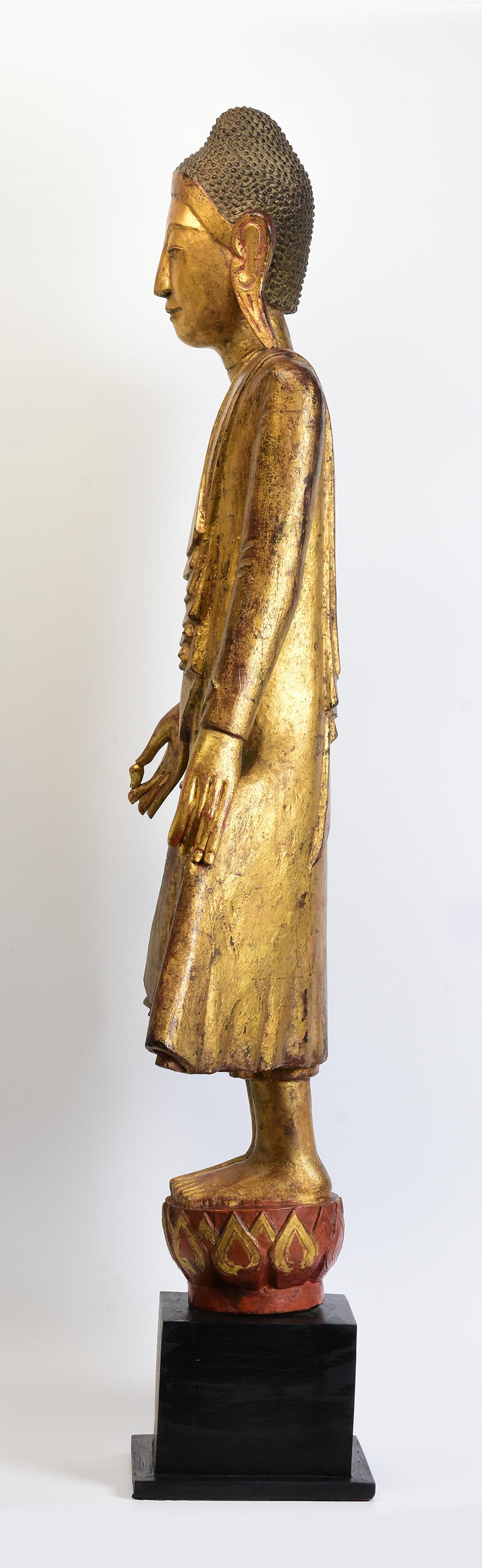 19th Century, Mandalay, Antique Burmese Wooden Standing Buddha with Gilded Gold For Sale 5