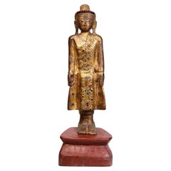 19th Century, Mandalay, Antique Burmese Wooden Standing Buddha with Gilded Gold