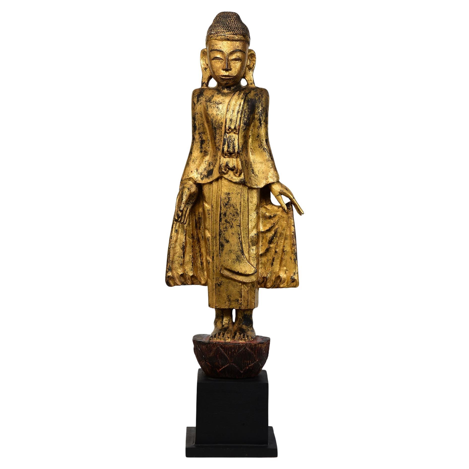 19th Century, Mandalay, Antique Burmese Wooden Standing Buddha with Gilded Gold For Sale