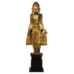 19th Century, Mandalay, Antique Burmese Wooden Standing Buddha with Gilded Gold