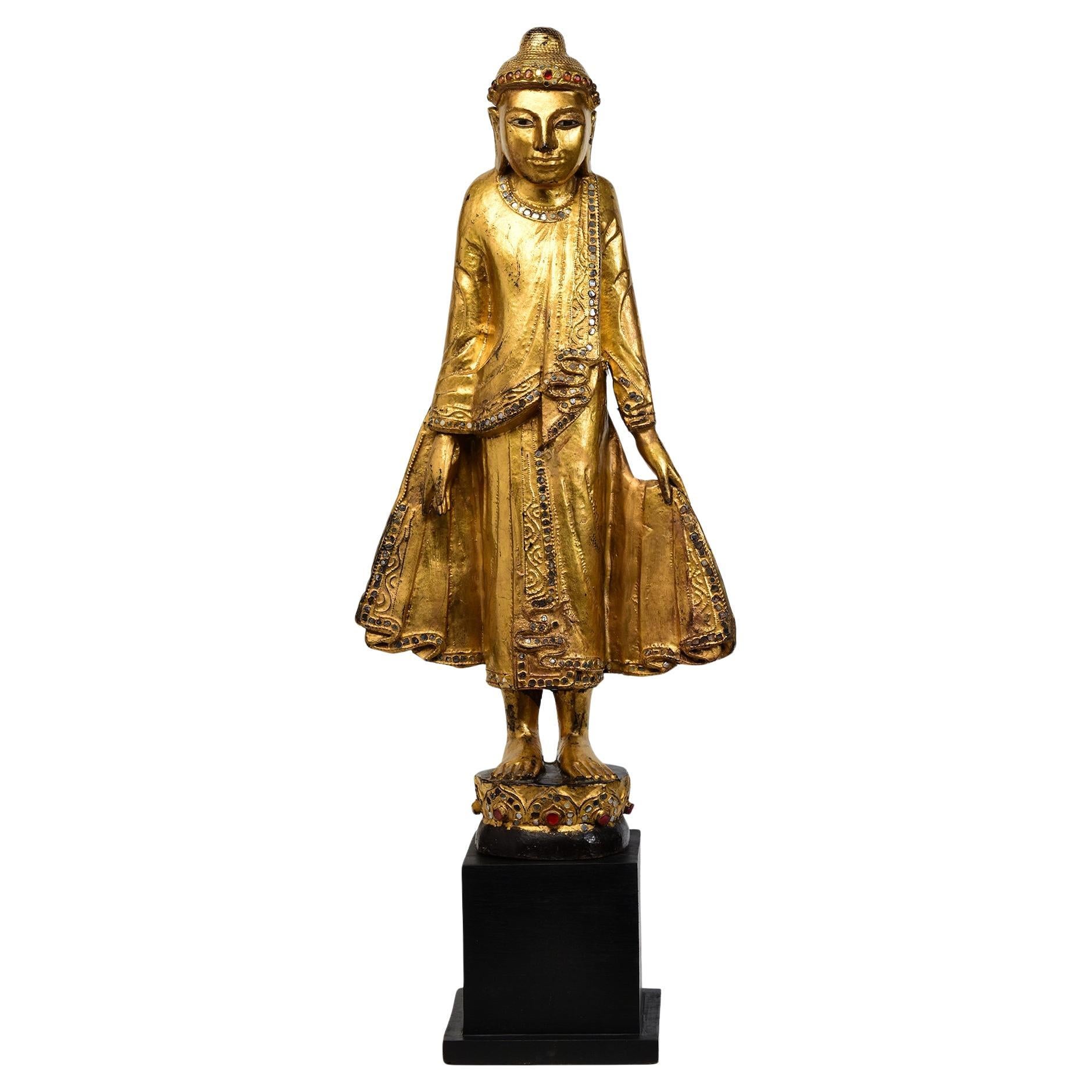 19th Century, Mandalay, Antique Burmese Wooden Standing Buddha with Gilded Gold For Sale