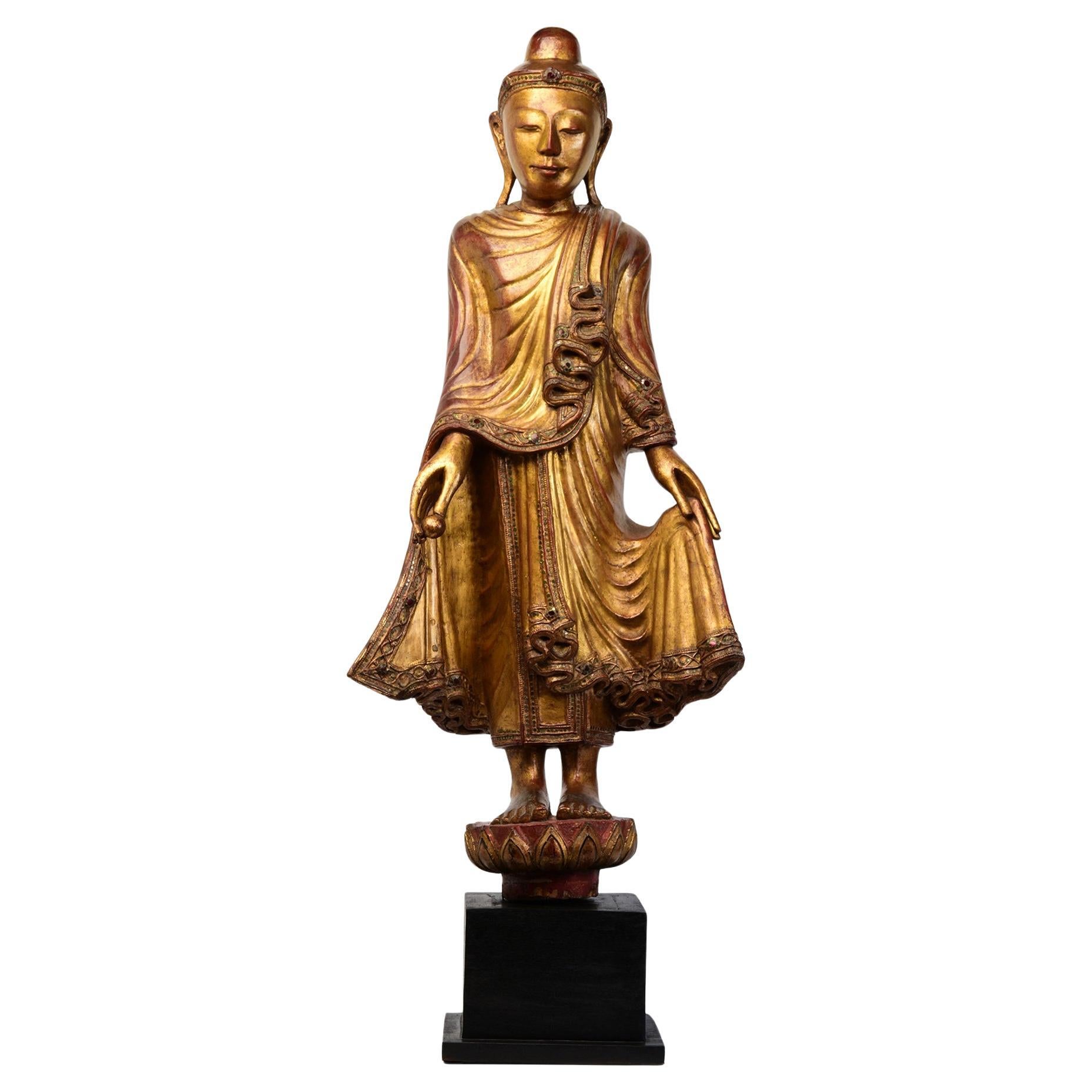 19th Century, Mandalay, Antique Burmese Wooden Standing Buddha with Gilded Gold For Sale