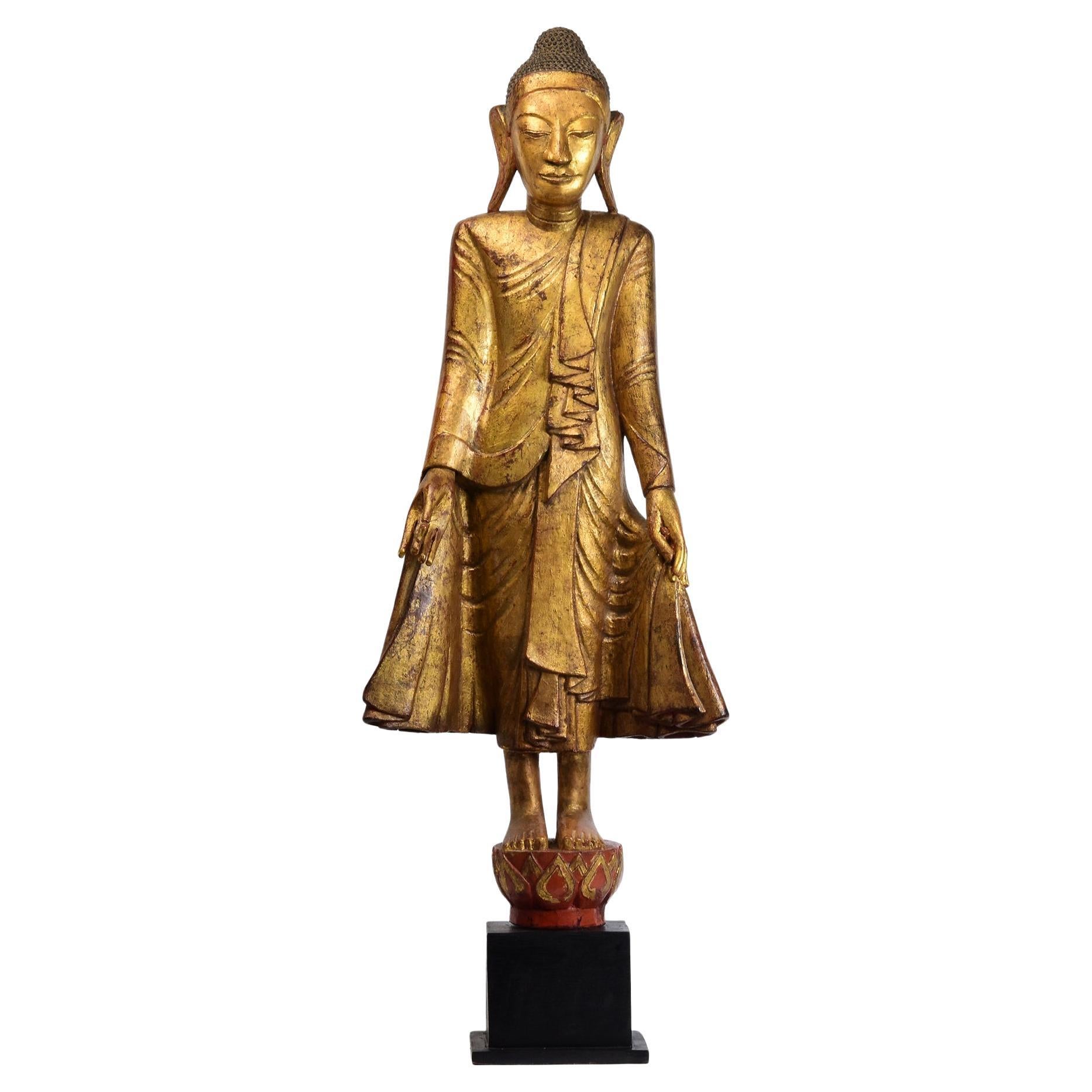 19th Century, Mandalay, Antique Burmese Wooden Standing Buddha with Gilded Gold For Sale