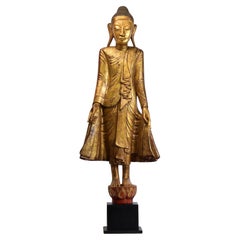19th Century, Mandalay, Antique Burmese Wooden Standing Buddha with Gilded Gold