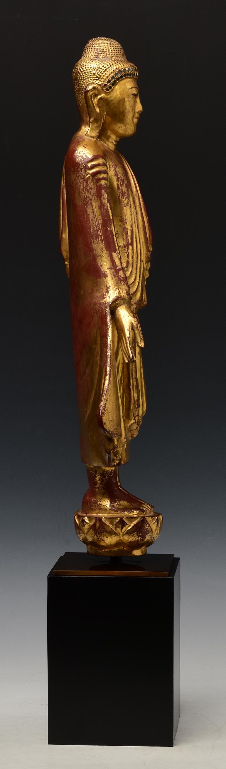 19th Century, Mandalay, Antique Burmese Wooden Standing Buddha with Stand For Sale 8