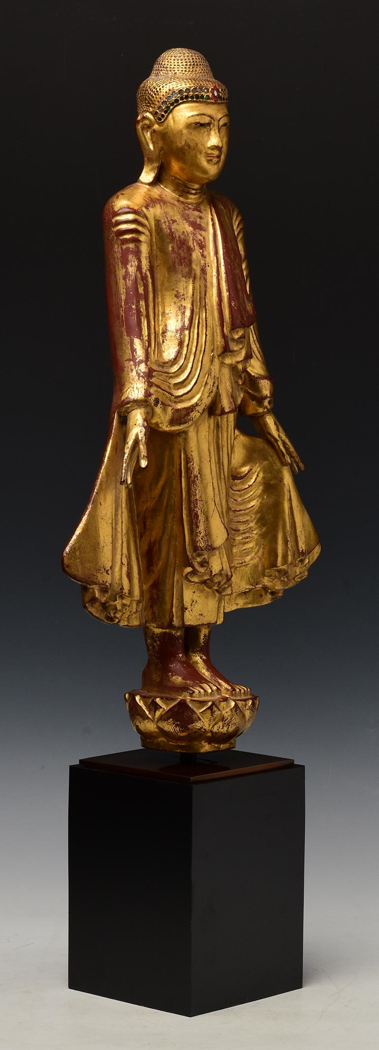 19th Century, Mandalay, Antique Burmese Wooden Standing Buddha with Stand For Sale 9