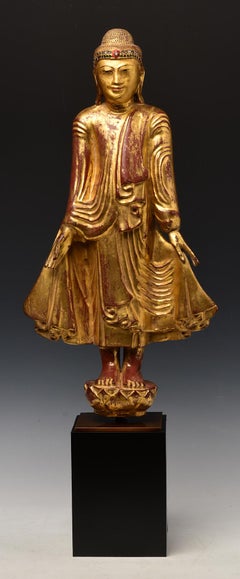 19th Century, Mandalay, Antique Burmese Wooden Standing Buddha with Stand