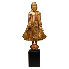 19th Century, Mandalay, Antique Burmese Wooden Standing Buddha with Stand