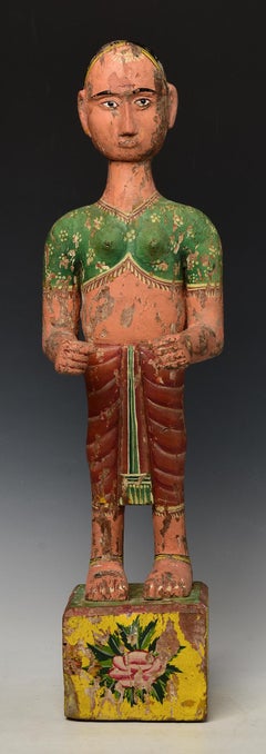 19th Century, Mandalay, Antique Burmese Wooden Standing Figure