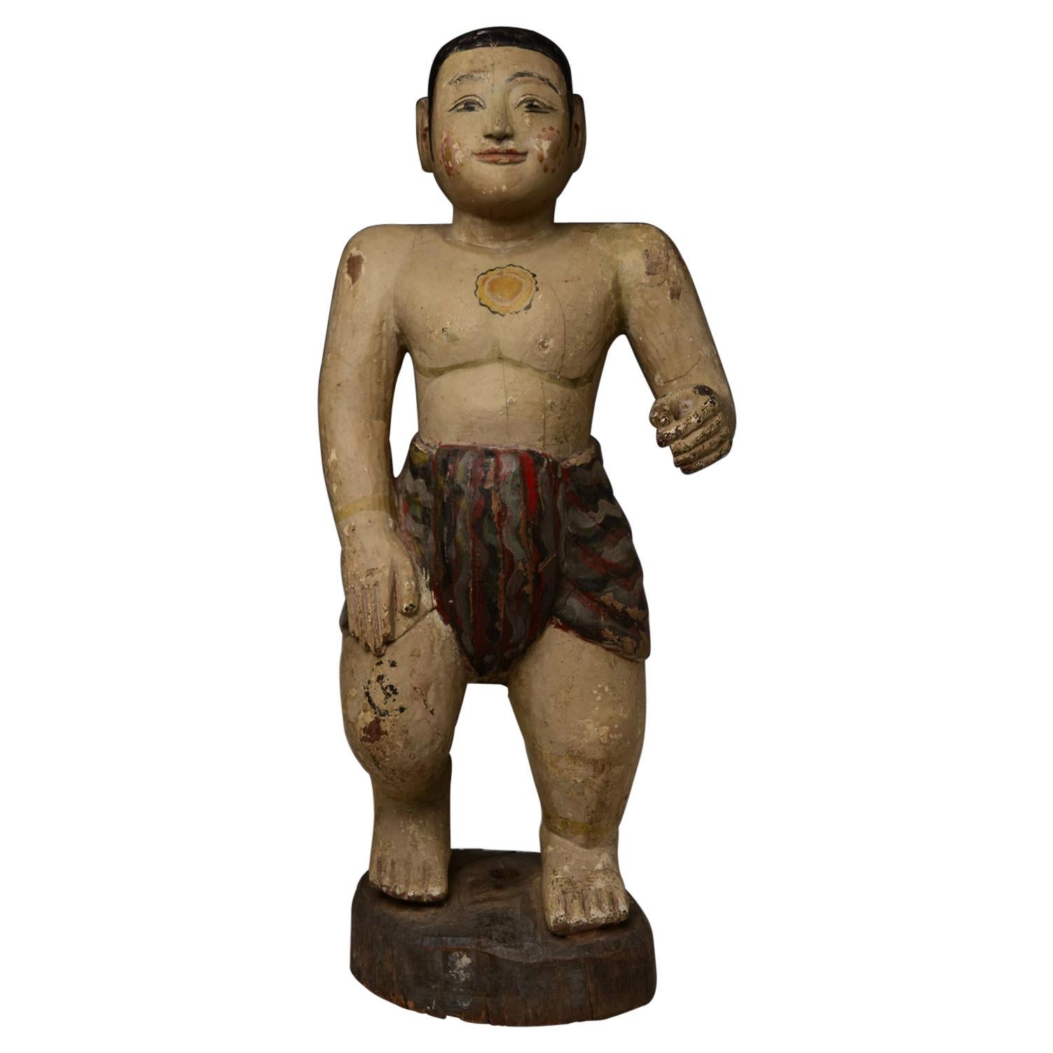 Figurine d'homme birman ancien en bois du 19ème siècle, Mandalay