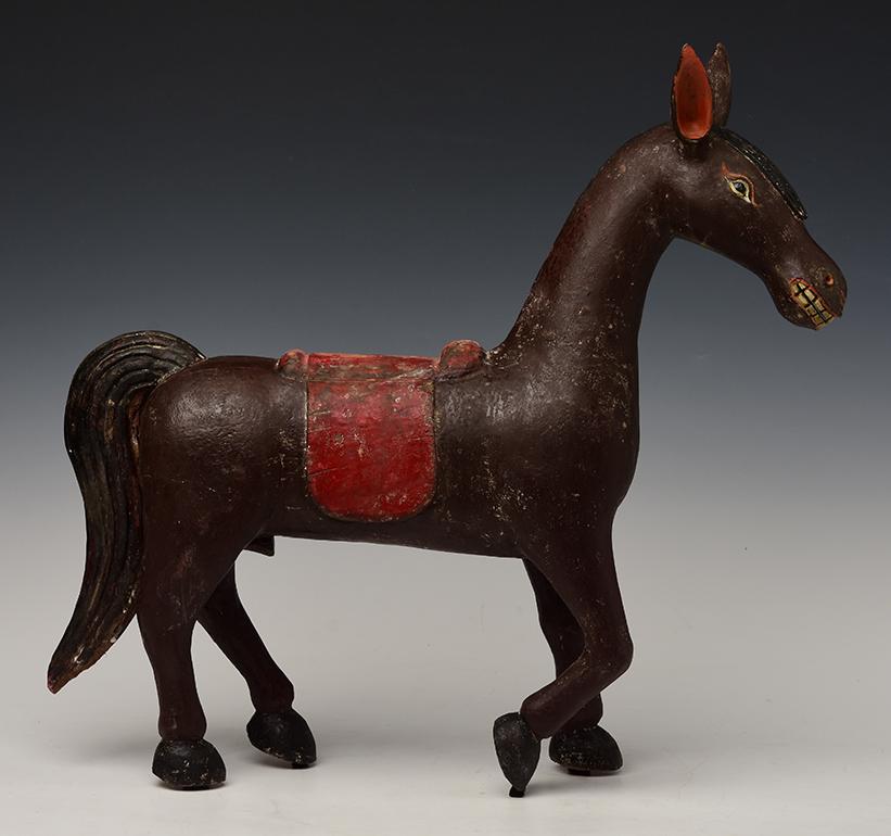 19th Century, Mandalay, Antique Burmese Wooden Walking Horse Figurine 2