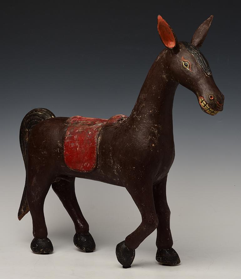 19th Century, Mandalay, Antique Burmese Wooden Walking Horse Figurine 3