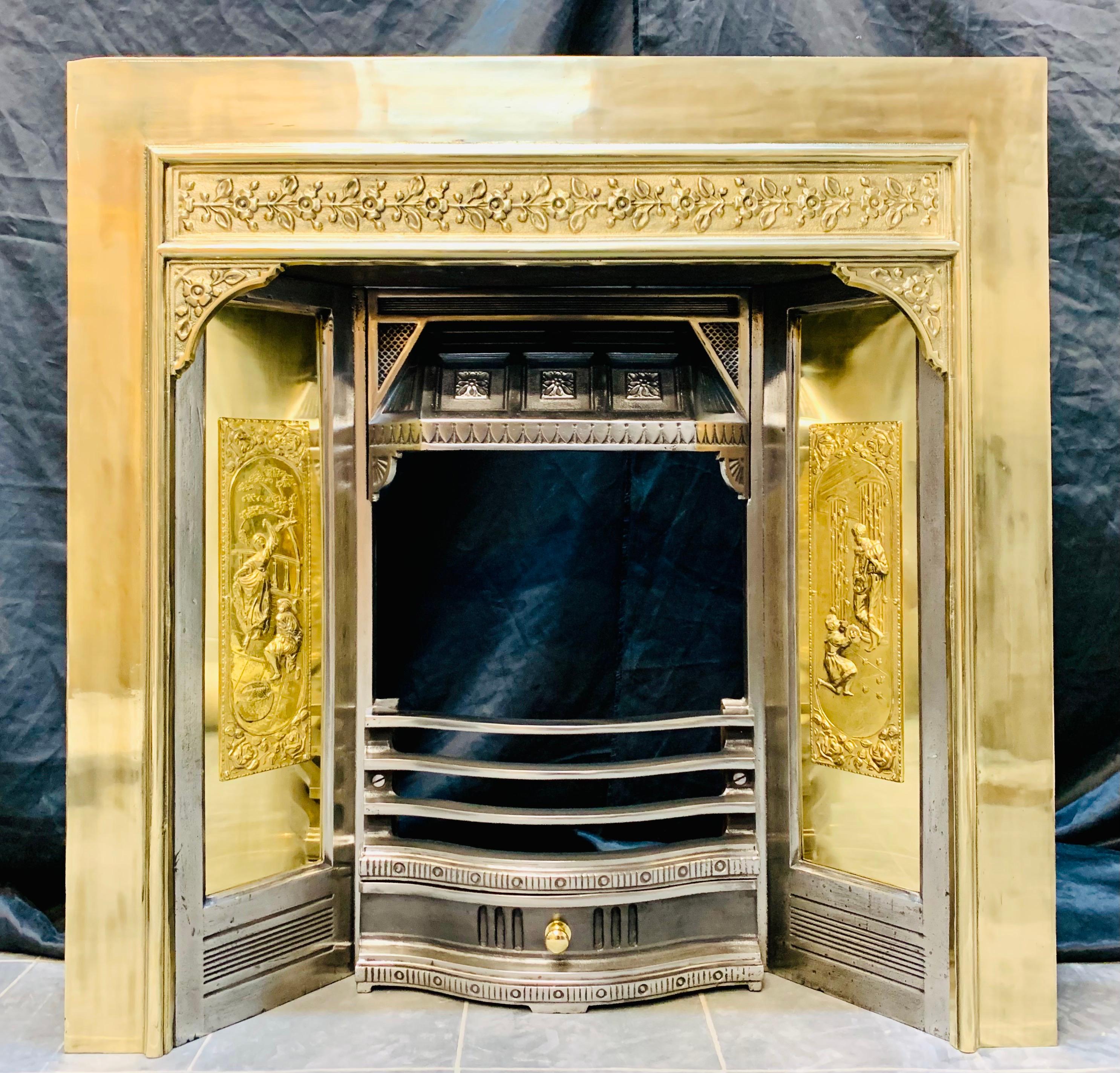 A very beautiful and versatile 19th Century polished brass & steel fireplace insert. 
A solid brass outer frame with centralised high relief daisy tendrils, the polished splayed hood with three rosettes set within framed panels, flanked by frames
