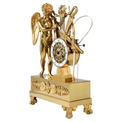 Antique 19th Century Mantel Clock, Cupido With Lyre, Firegilded Bronze, France, C. 1830