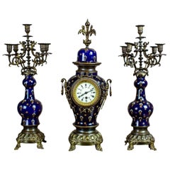 Antique 19th-Century Sapphire Ceramic Mantel Clock Set with Brass Elements