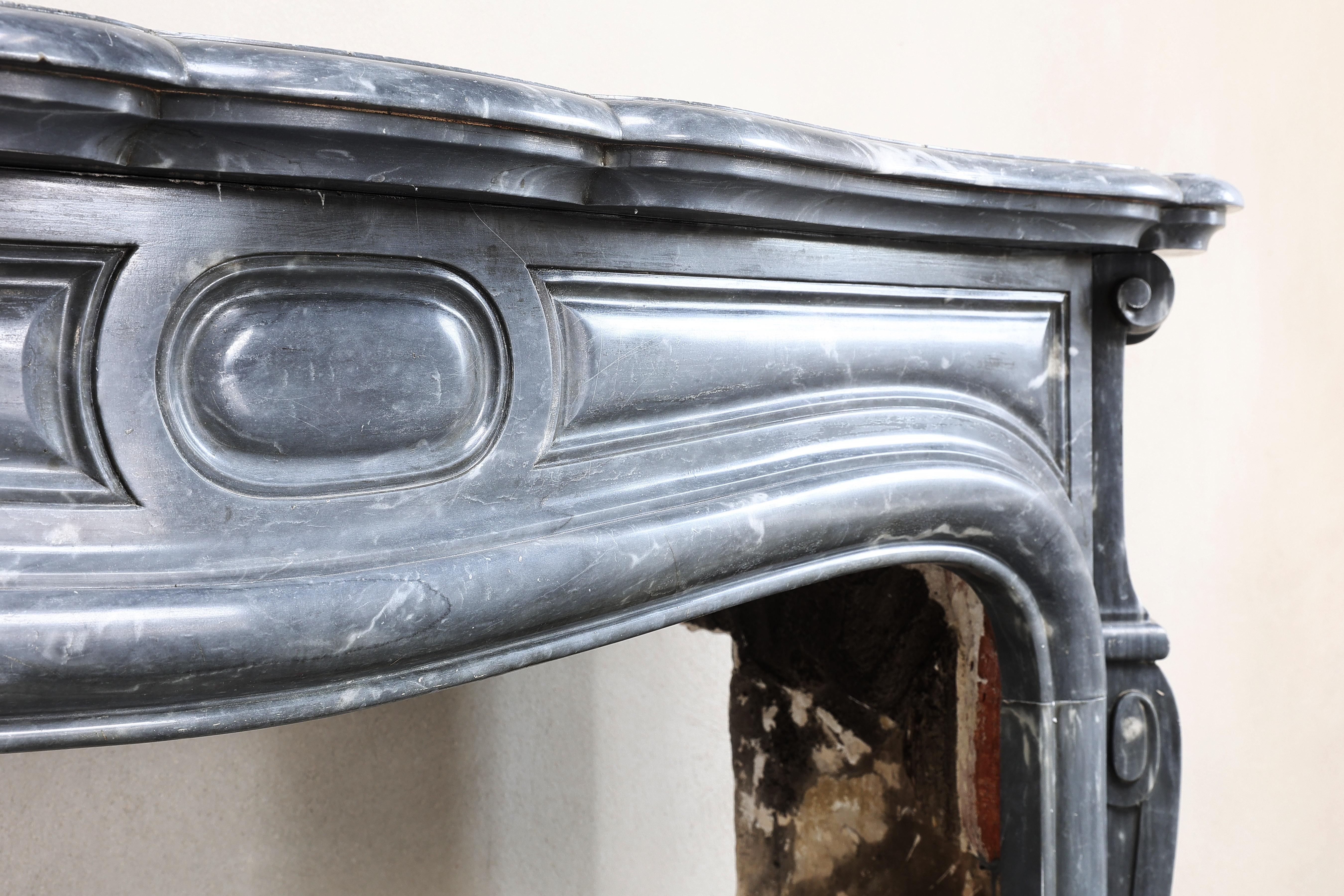 French 19th Century Mantel Surround of Blue Turquin Marble in Style of Pompadour