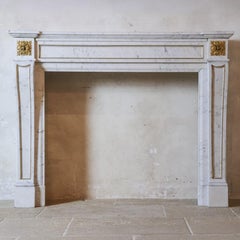 Cheminée du 19e siècle en marbre blanc de Carrare avec décorations dorées au feu