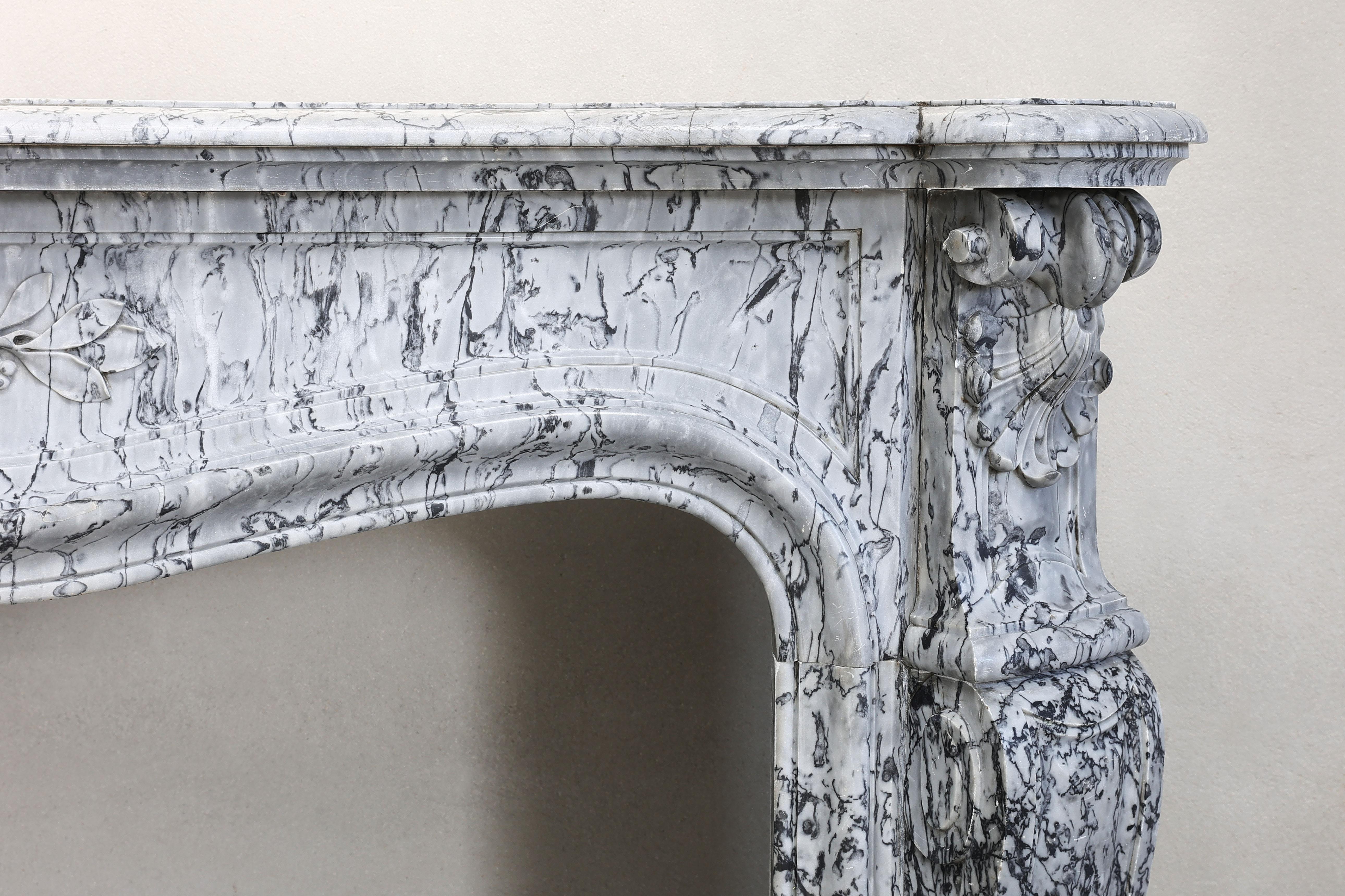 French 19th Century Mantle Piece of Blue Fleuri Marble in Style of Louis XV