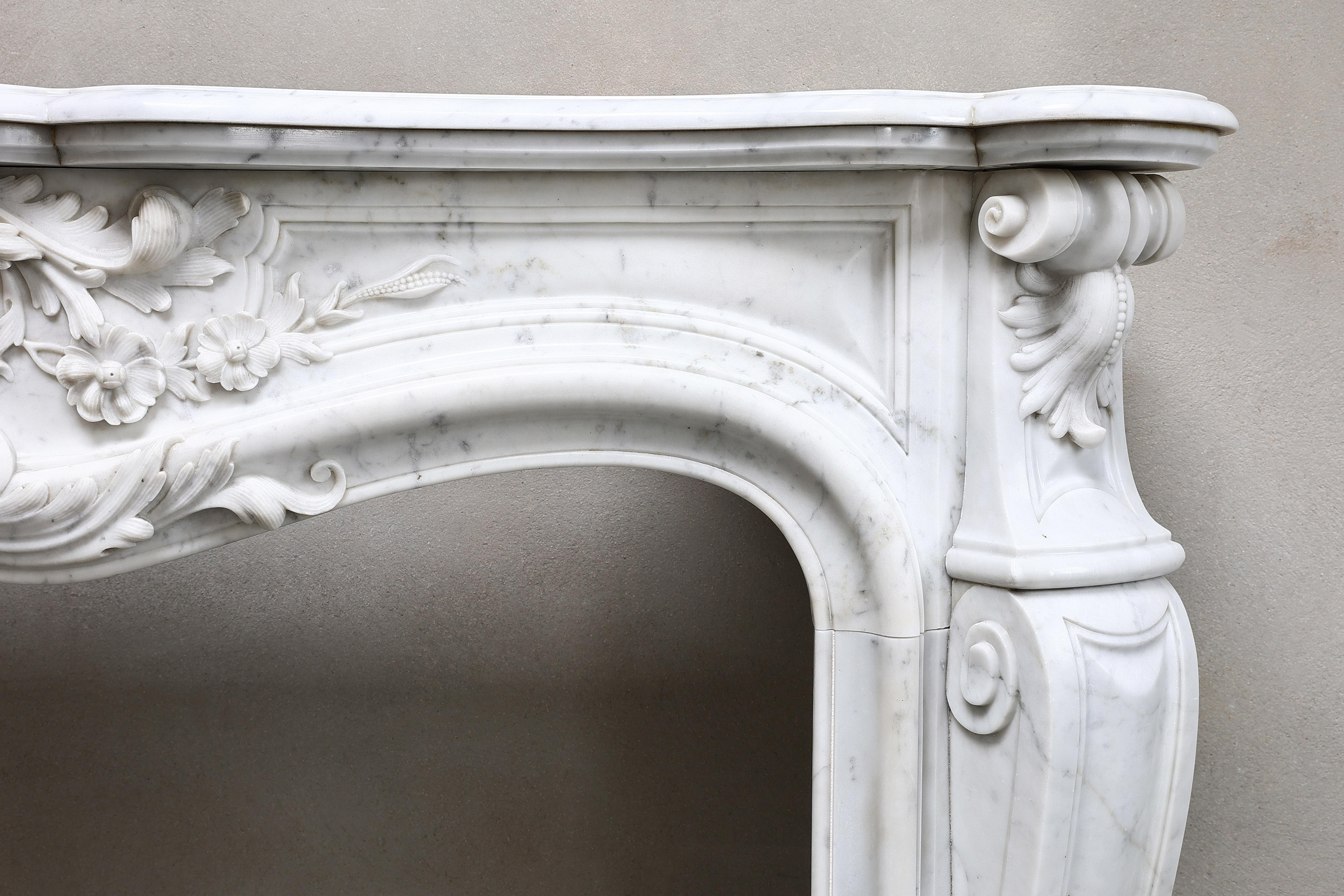 Louis XV Antique Marble Fireplace  Carrara Marble  19th Century  Monumental For Sale