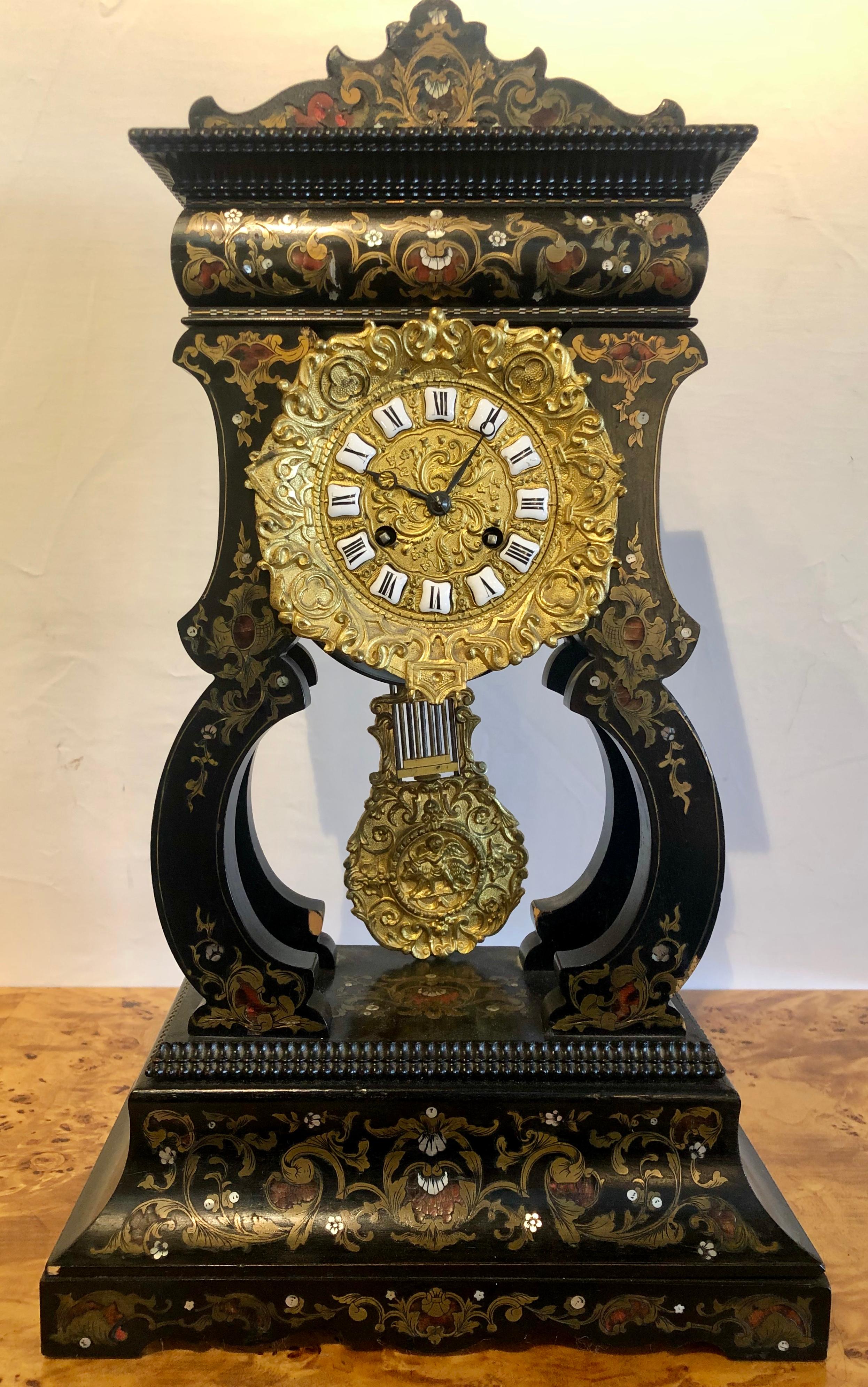 Belle Époque 19th Century Mantle, Table Clock Louis Philippe Ebony and Boule Inlaid