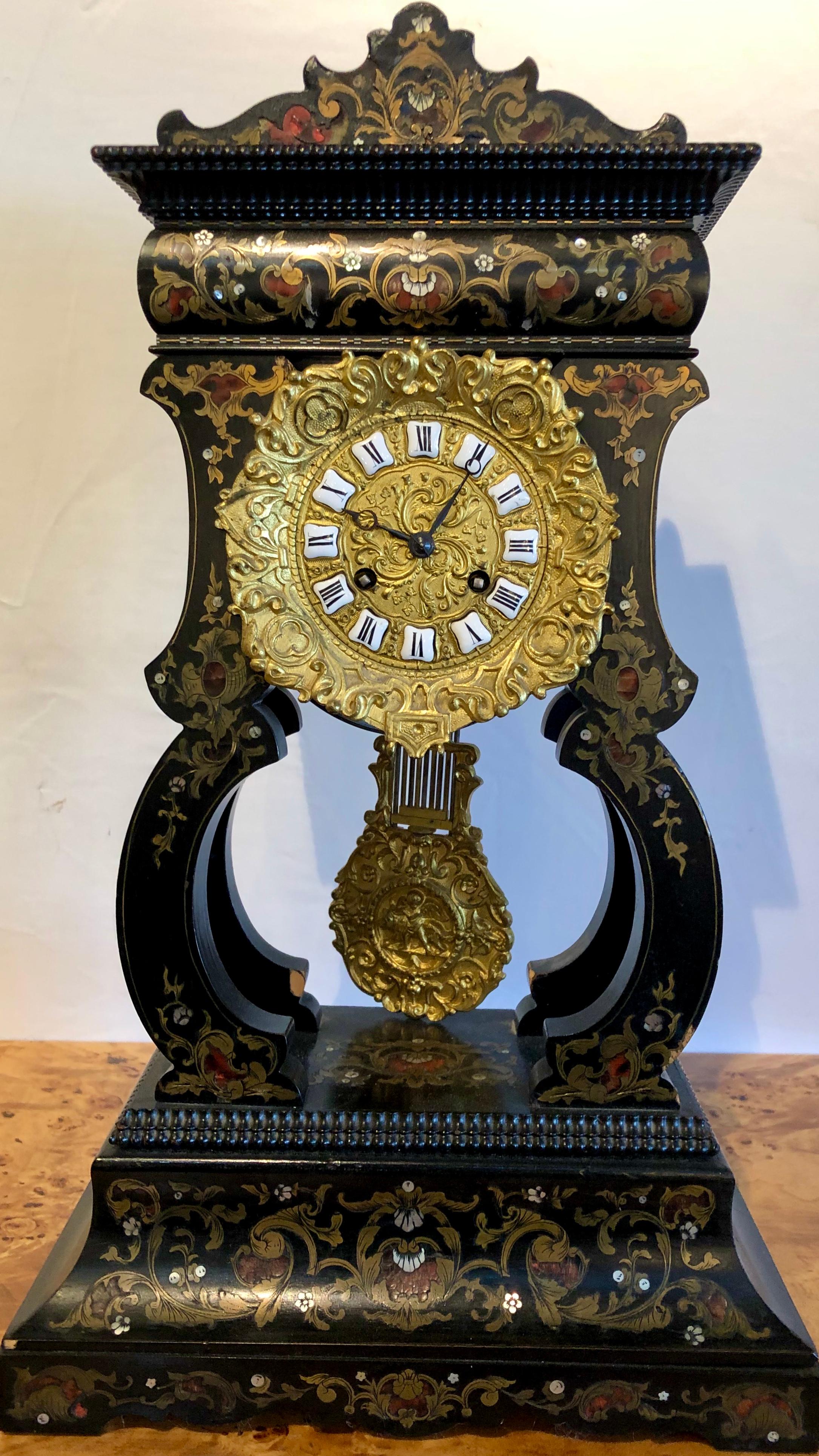 Early 20th Century 19th Century Mantle, Table Clock Louis Philippe Ebony and Boule Inlaid
