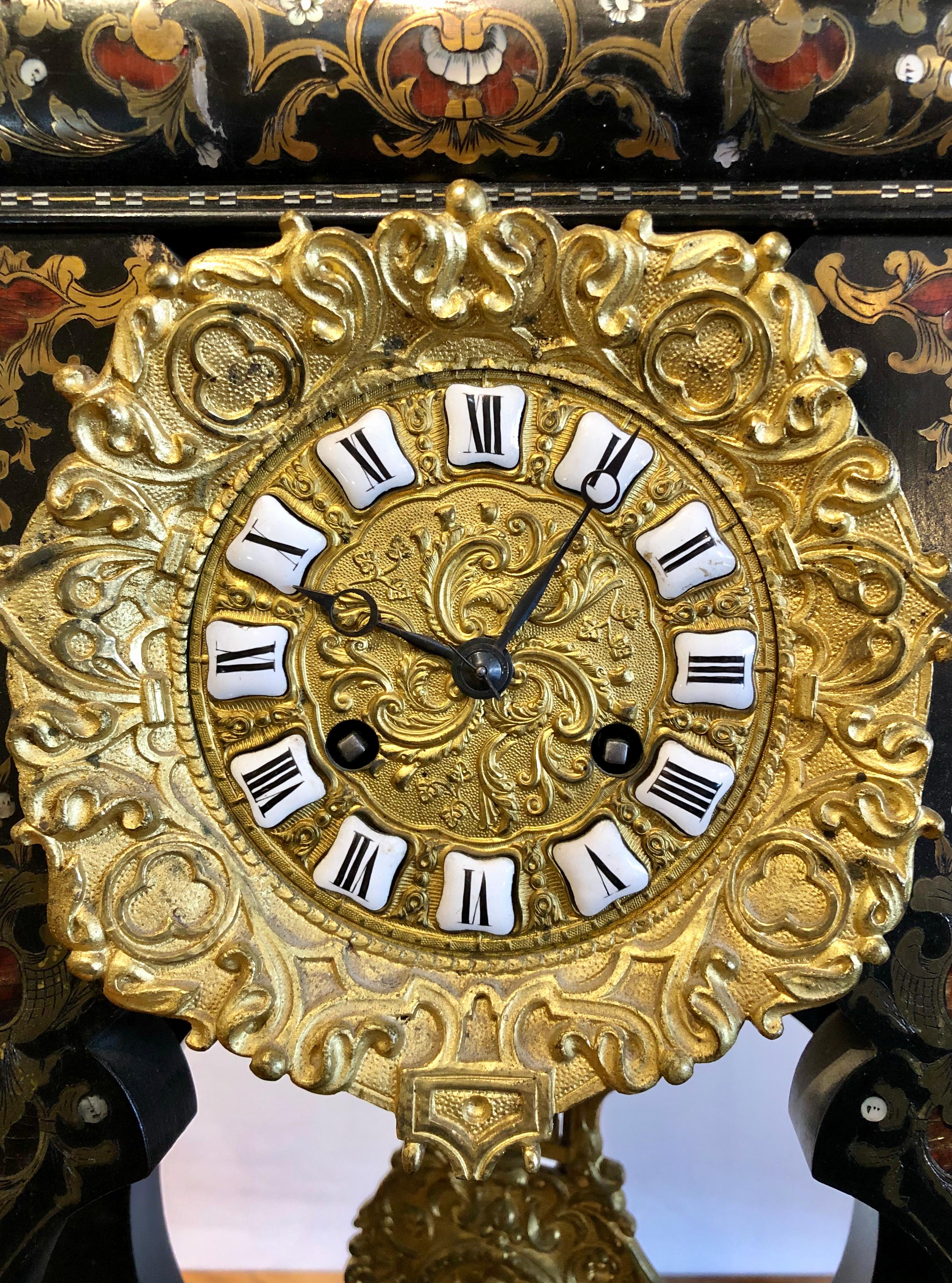 Bronze 19th Century Mantle, Table Clock Louis Philippe Ebony and Boule Inlaid