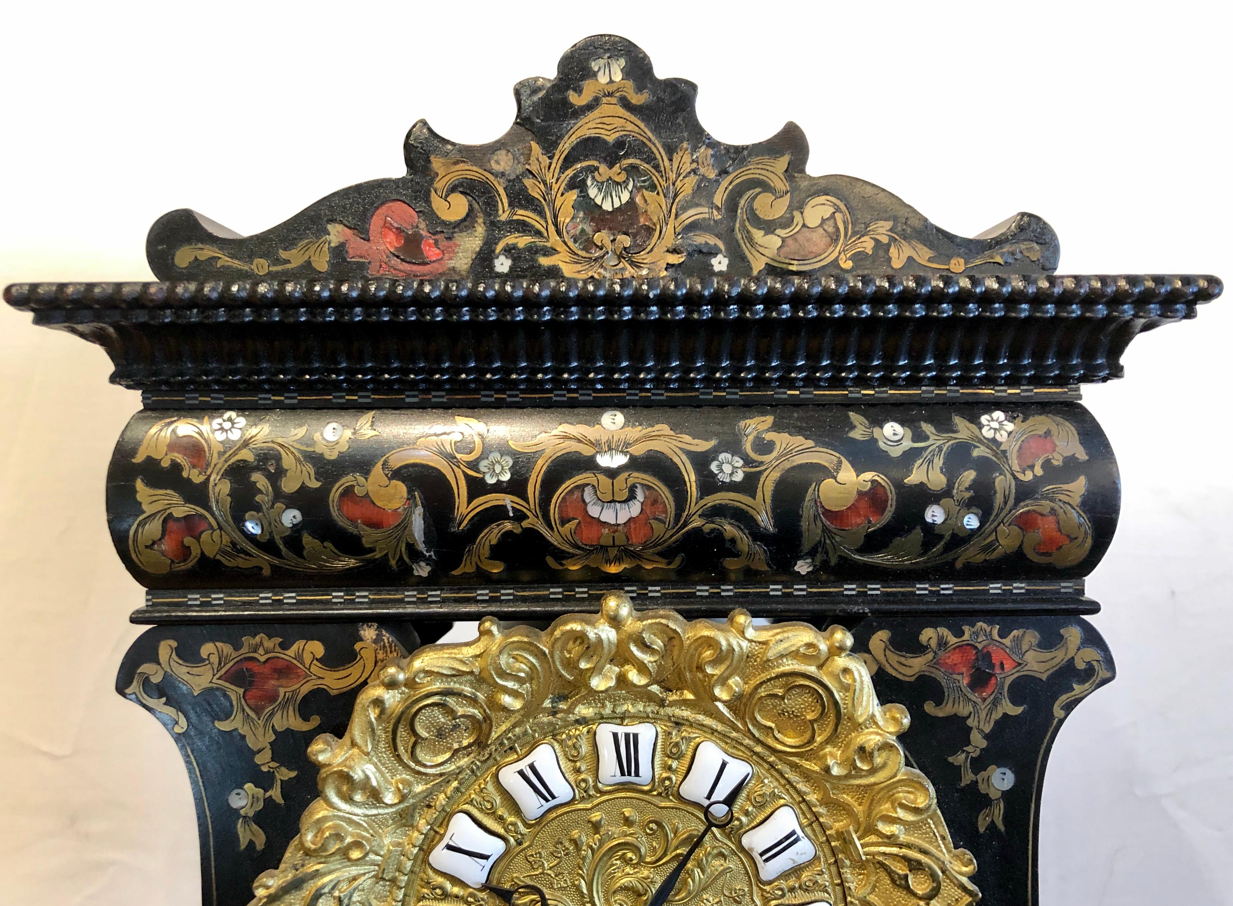 19th Century Mantle, Table Clock Louis Philippe Ebony and Boule Inlaid 1