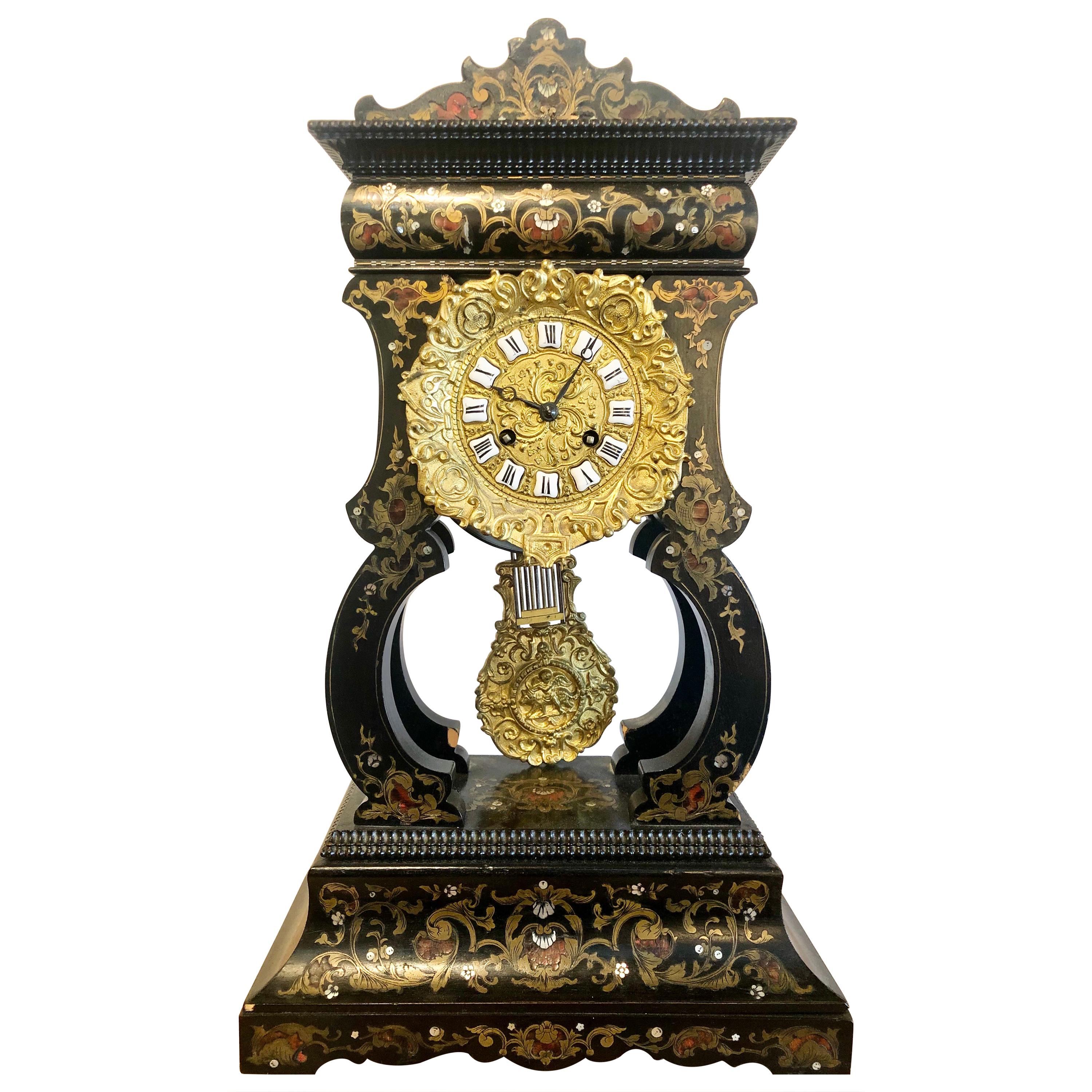 19th Century Mantle, Table Clock Louis Philippe Ebony and Boule Inlaid