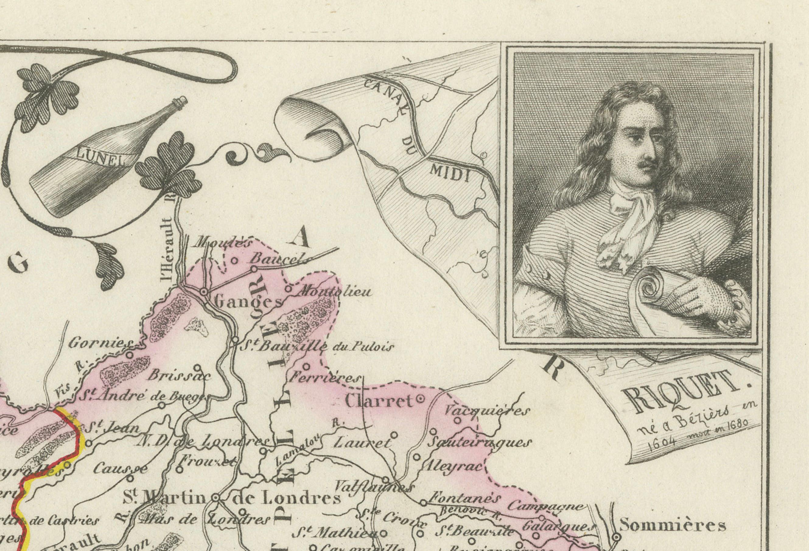 Français Carte de l'Hérault, France, 19ème siècle - Montpellier, Béziers, Languedoc côtier en vente