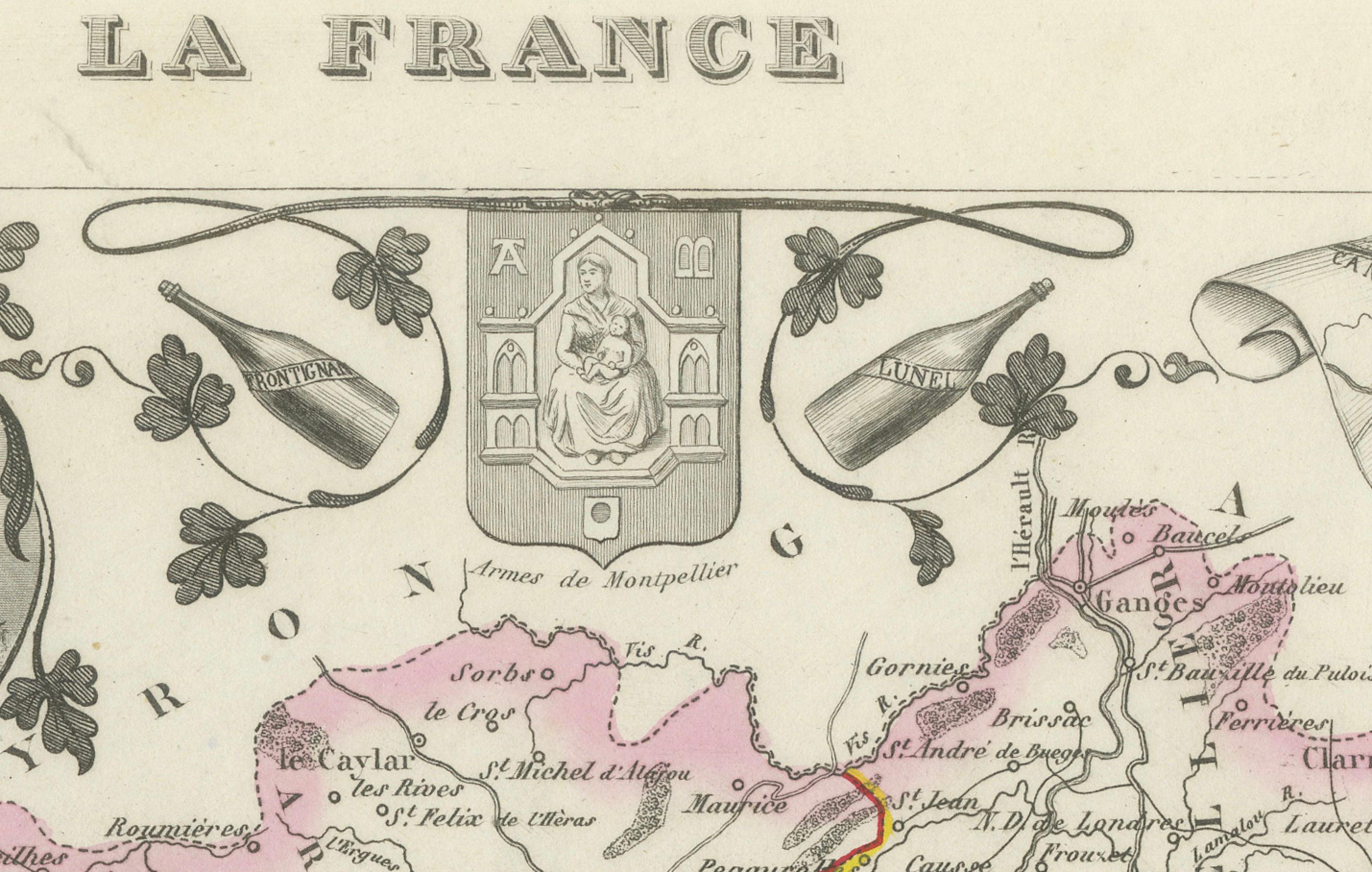 Gravé Carte de l'Hérault, France, 19ème siècle - Montpellier, Béziers, Languedoc côtier en vente
