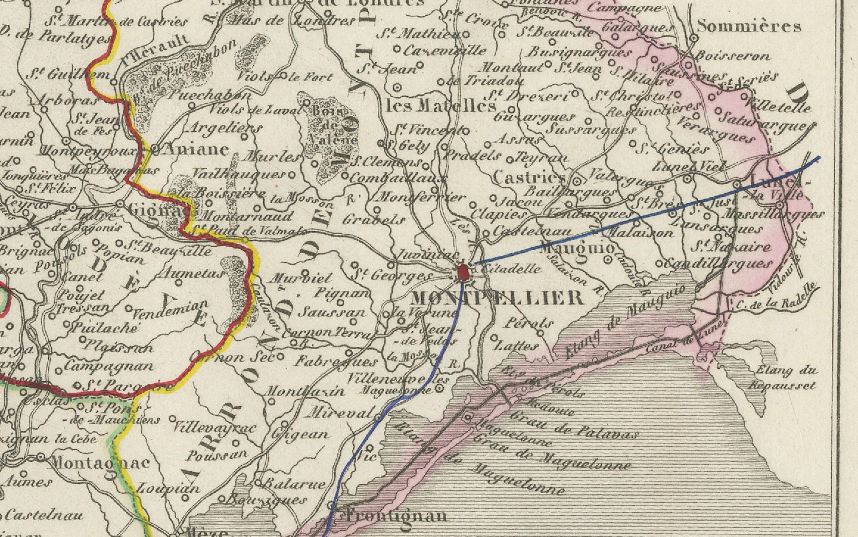 Papier Carte de l'Hérault, France, 19ème siècle - Montpellier, Béziers, Languedoc côtier en vente