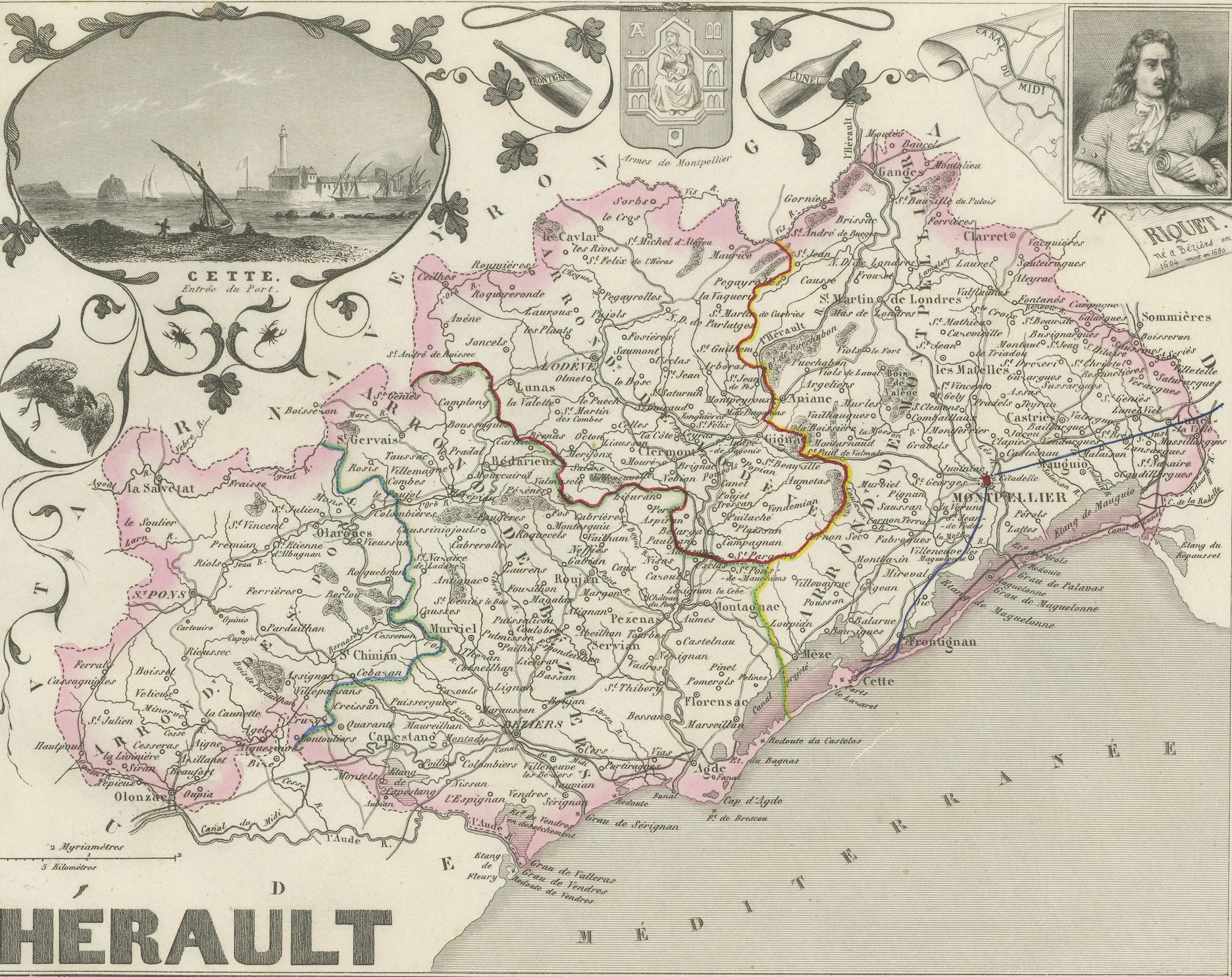 Carte de l'Hérault, France, 19ème siècle - Montpellier, Béziers, Languedoc côtier en vente 1