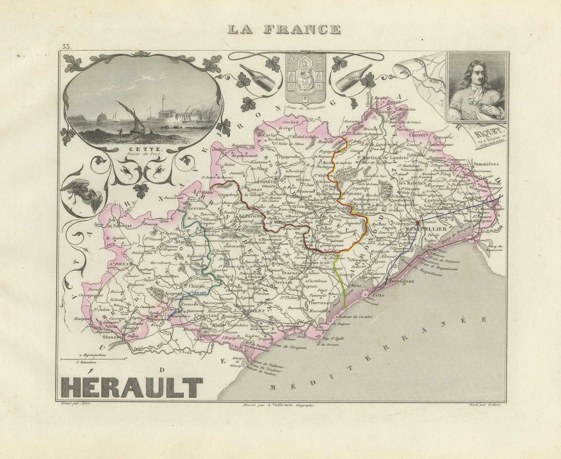 Carte de l'Hérault, France, 19ème siècle - Montpellier, Béziers, Languedoc côtier en vente 2