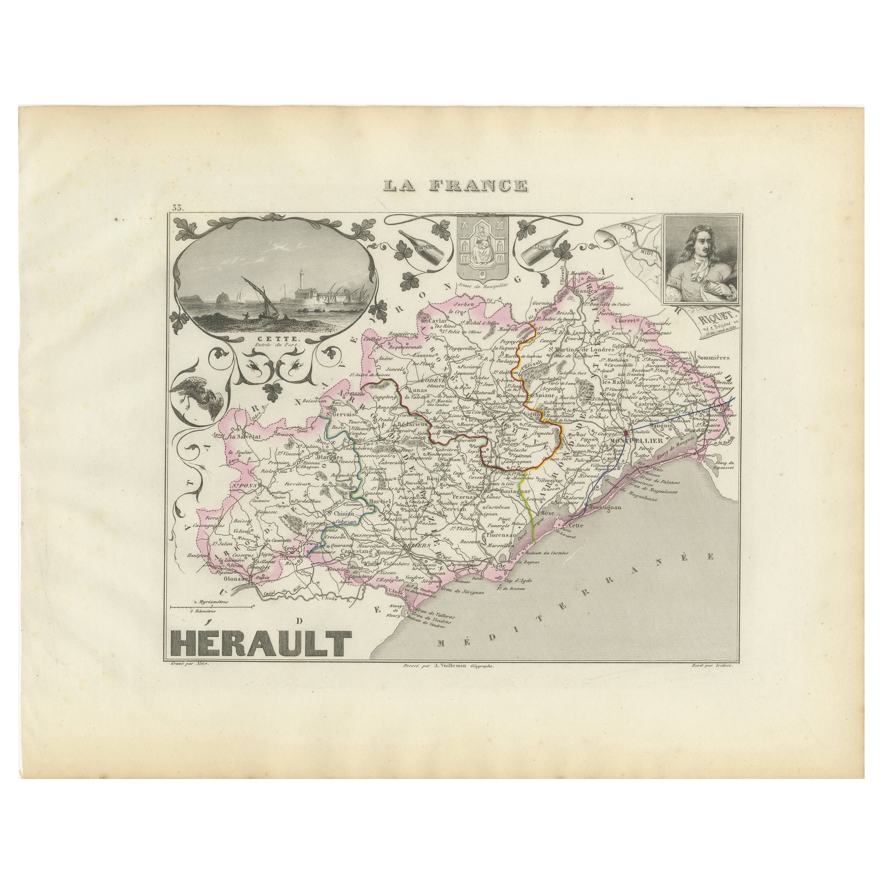 Carte de l'Hérault, France, 19ème siècle - Montpellier, Béziers, Languedoc côtier en vente