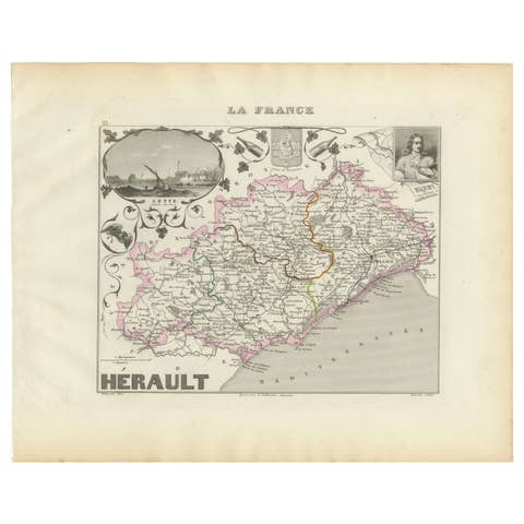 19th Century Map of Hérault, France – Montpellier, Béziers, Coastal Languedoc
