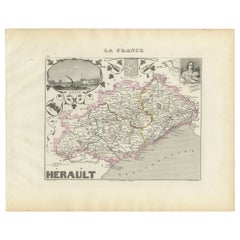 Carte de l'Hérault, France, 19ème siècle - Montpellier, Béziers, Languedoc côtier