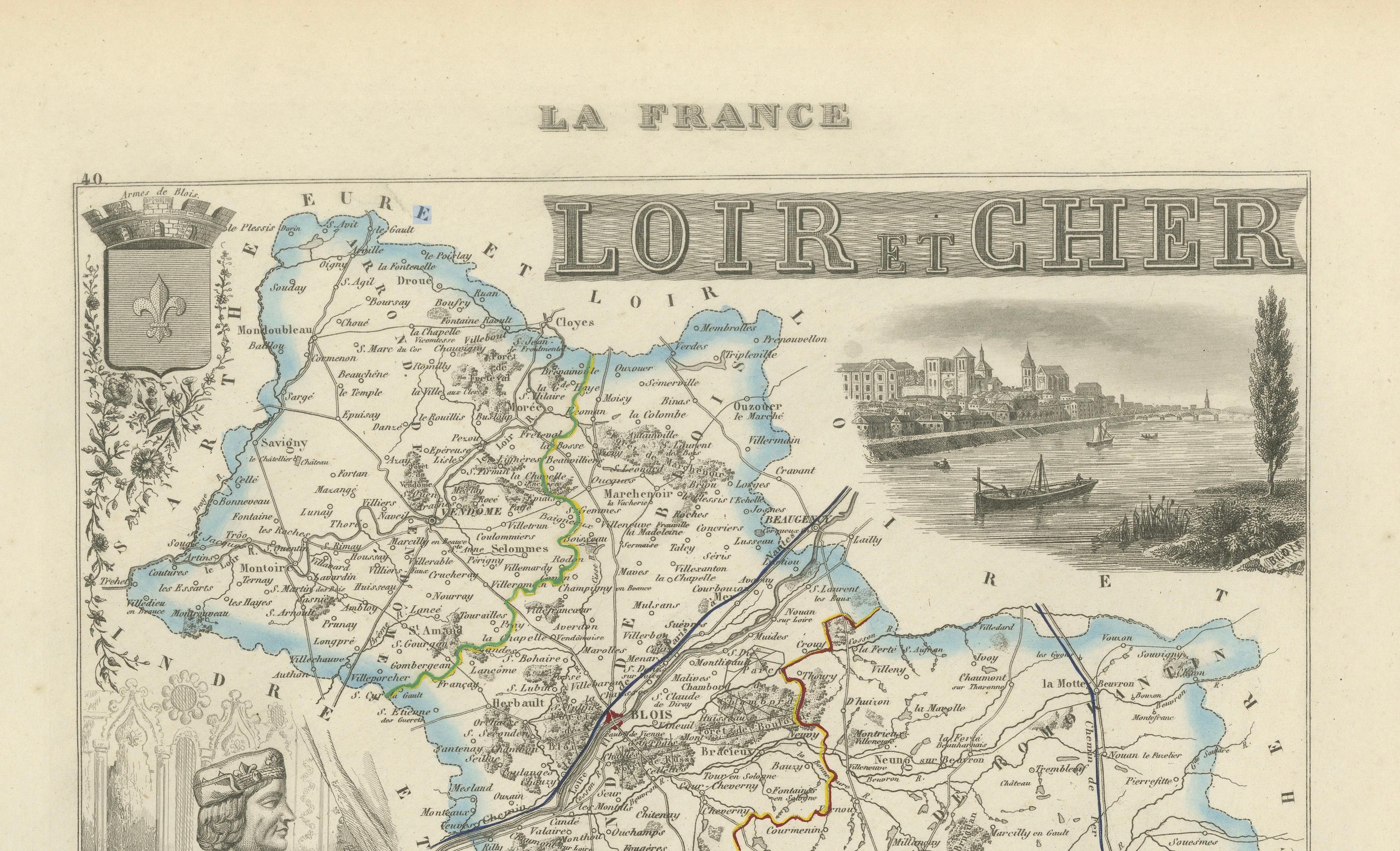 Carte ancienne du Loir-et-Cher, France par Vuillemin, 19ème siècle

Belle carte gravée du département du Loir-et-Cher datant du XIXe siècle, dessinée et gravée par Alexandre Vuillemin. La carte montre les villes, les rivières, les routes et les
