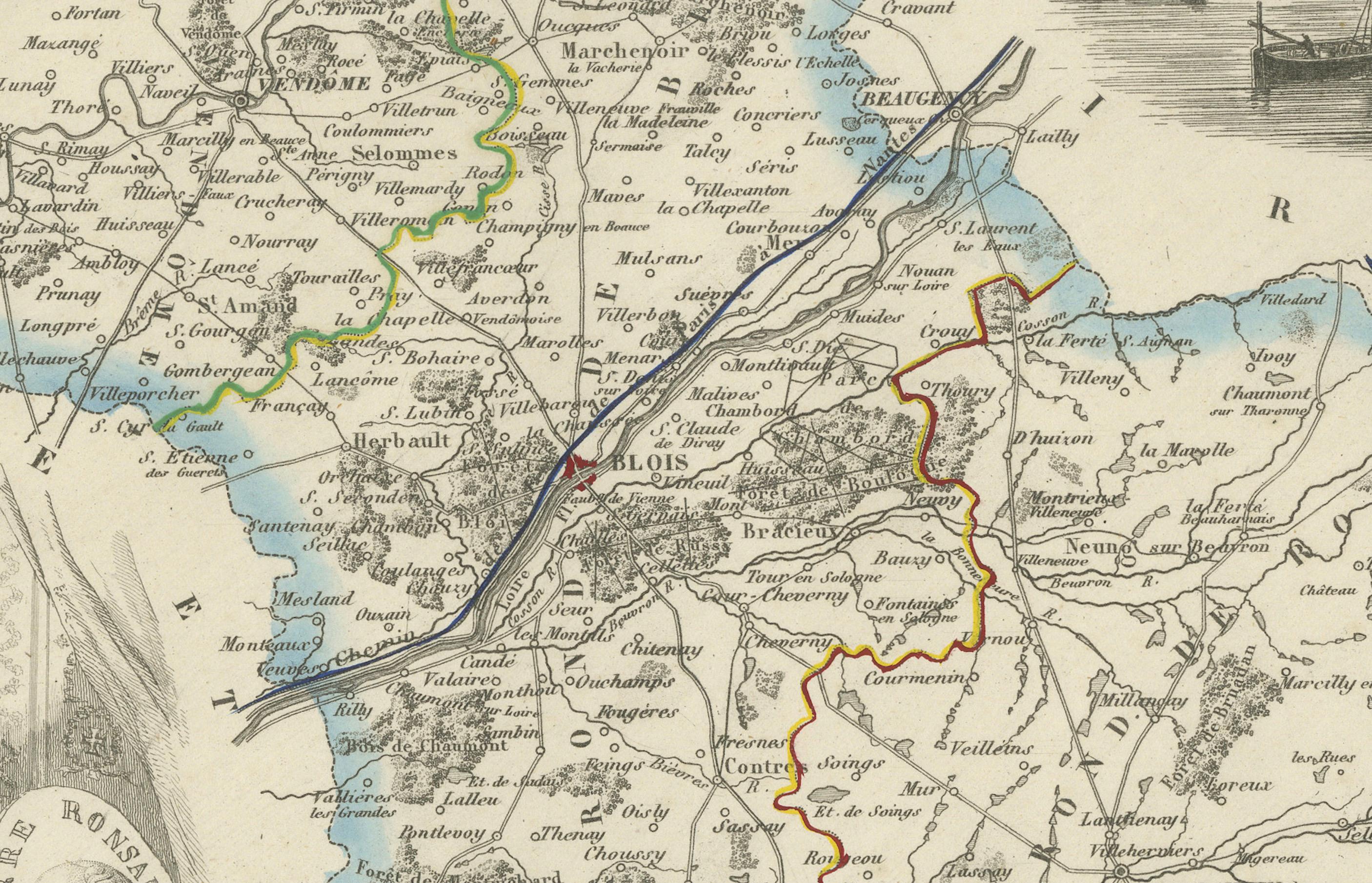 Français Carte du Loir-et-Cher, France, 19ème siècle - Blois, Vendôme, Châteaux de la Loire en vente