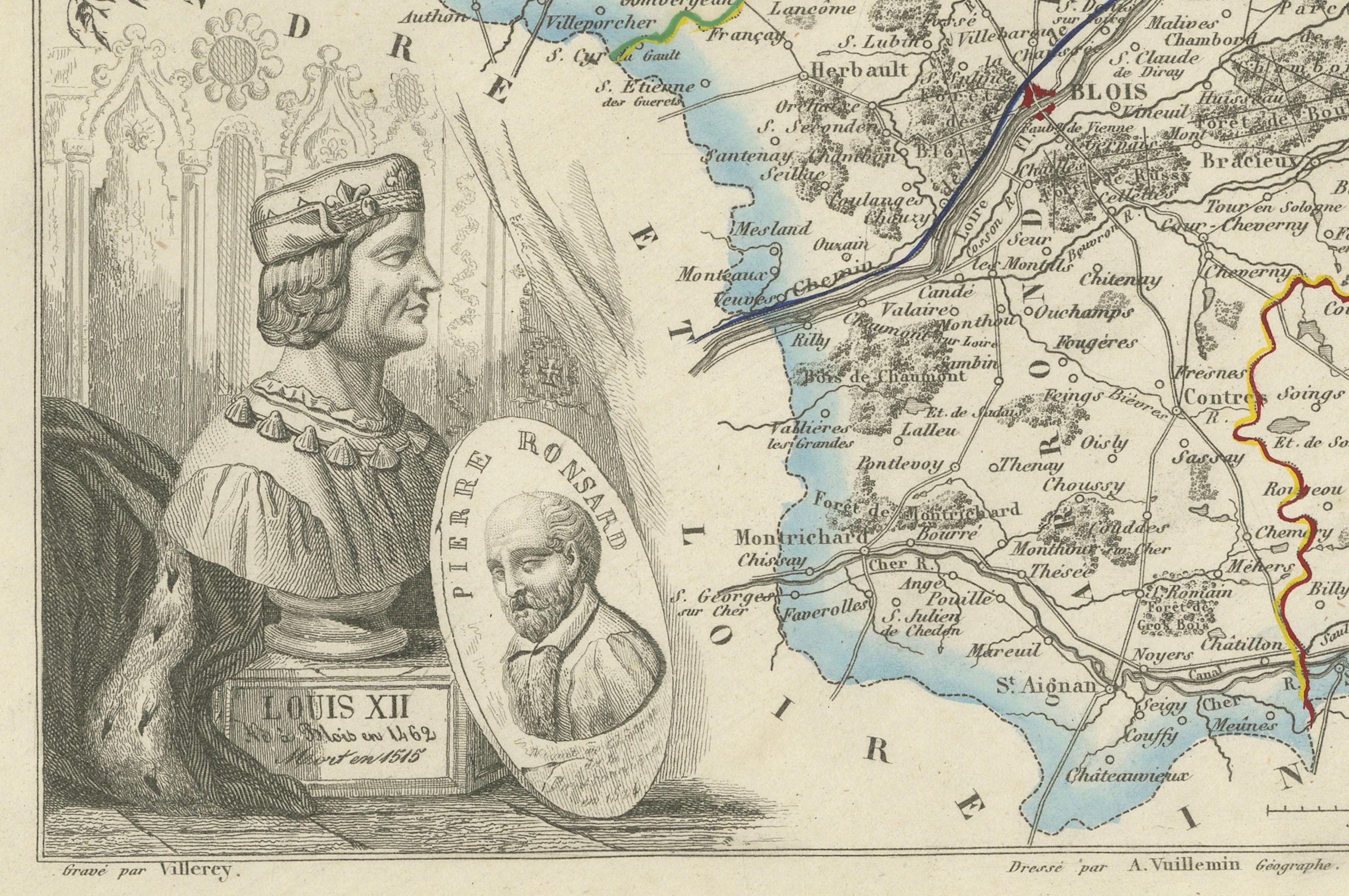 Carte du Loir-et-Cher, France, 19ème siècle - Blois, Vendôme, Châteaux de la Loire Bon état - En vente à Langweer, NL