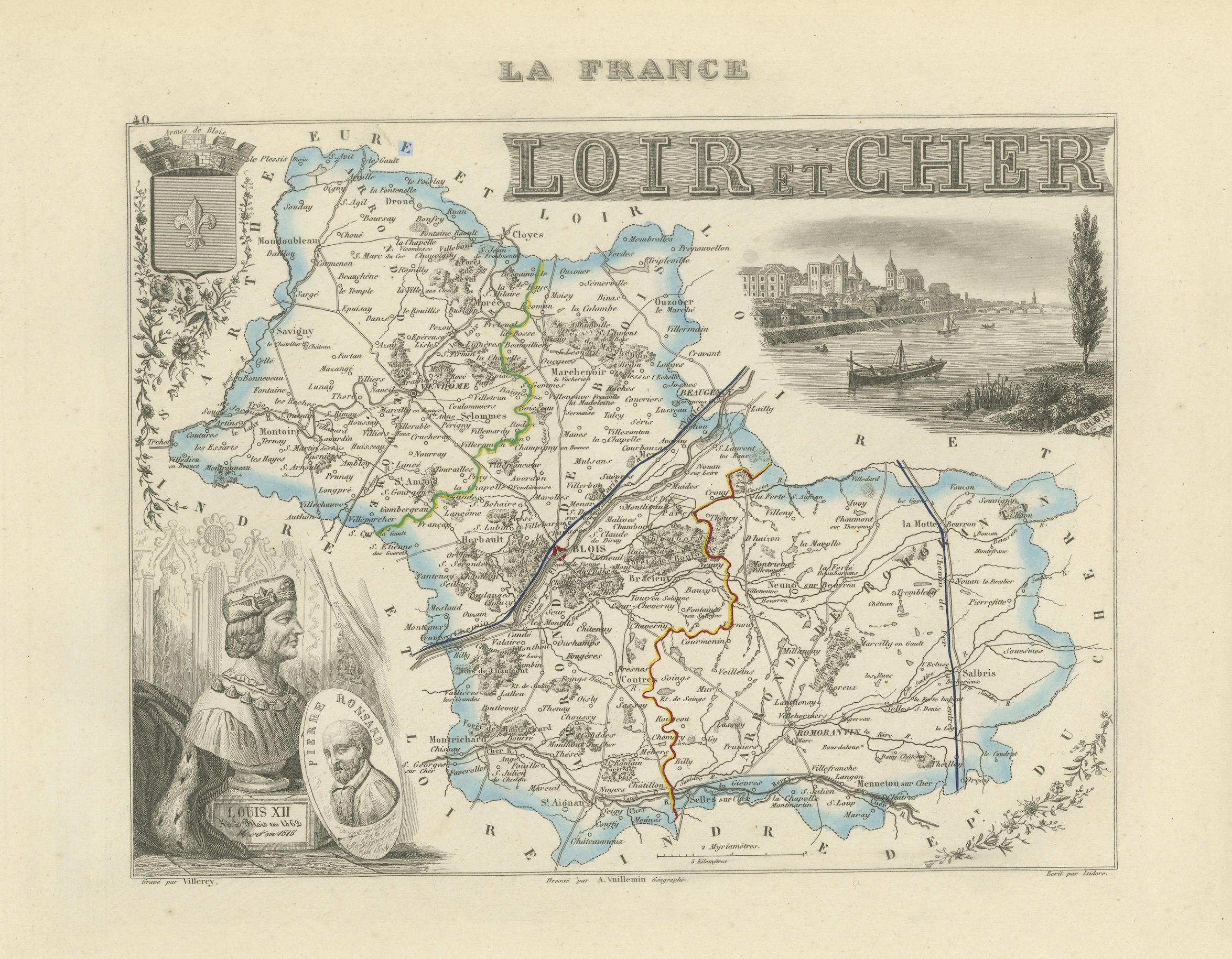 Carte du Loir-et-Cher, France, 19ème siècle - Blois, Vendôme, Châteaux de la Loire en vente 1