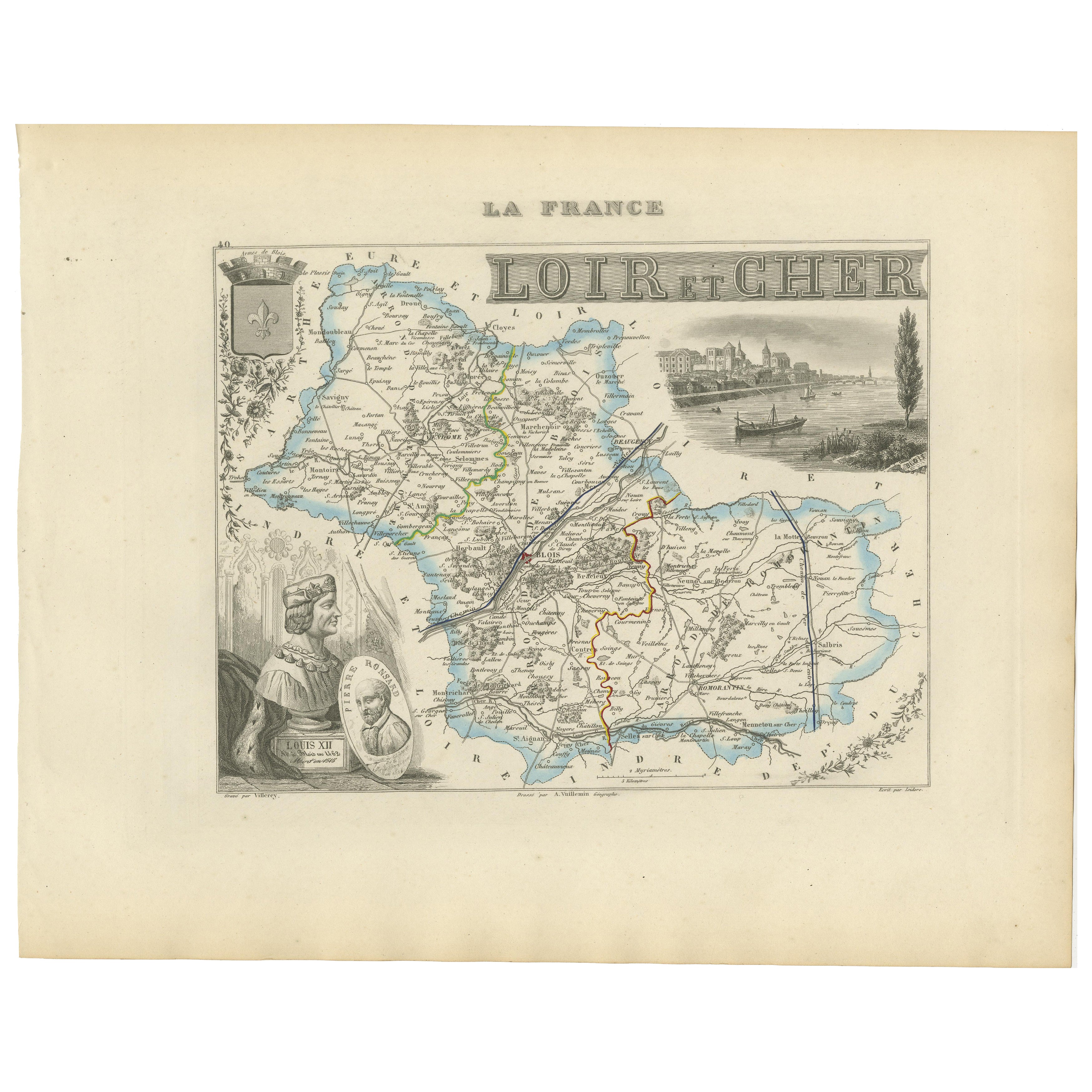 Carte du Loir-et-Cher, France, 19ème siècle - Blois, Vendôme, Châteaux de la Loire