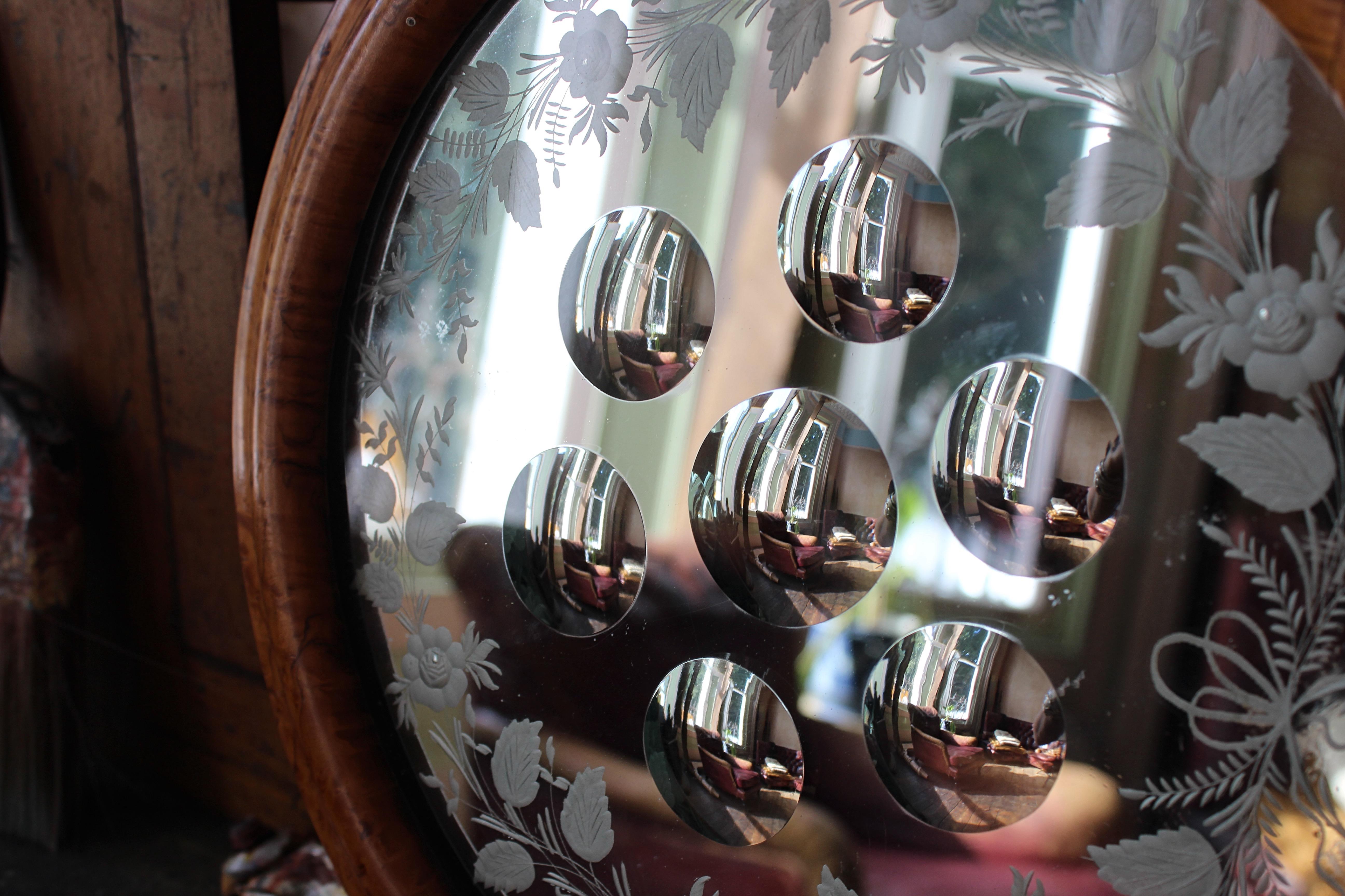 Etched 19th Century Maple Veneered Sorceress Witches Convex Mirror Distortion Mirror 
