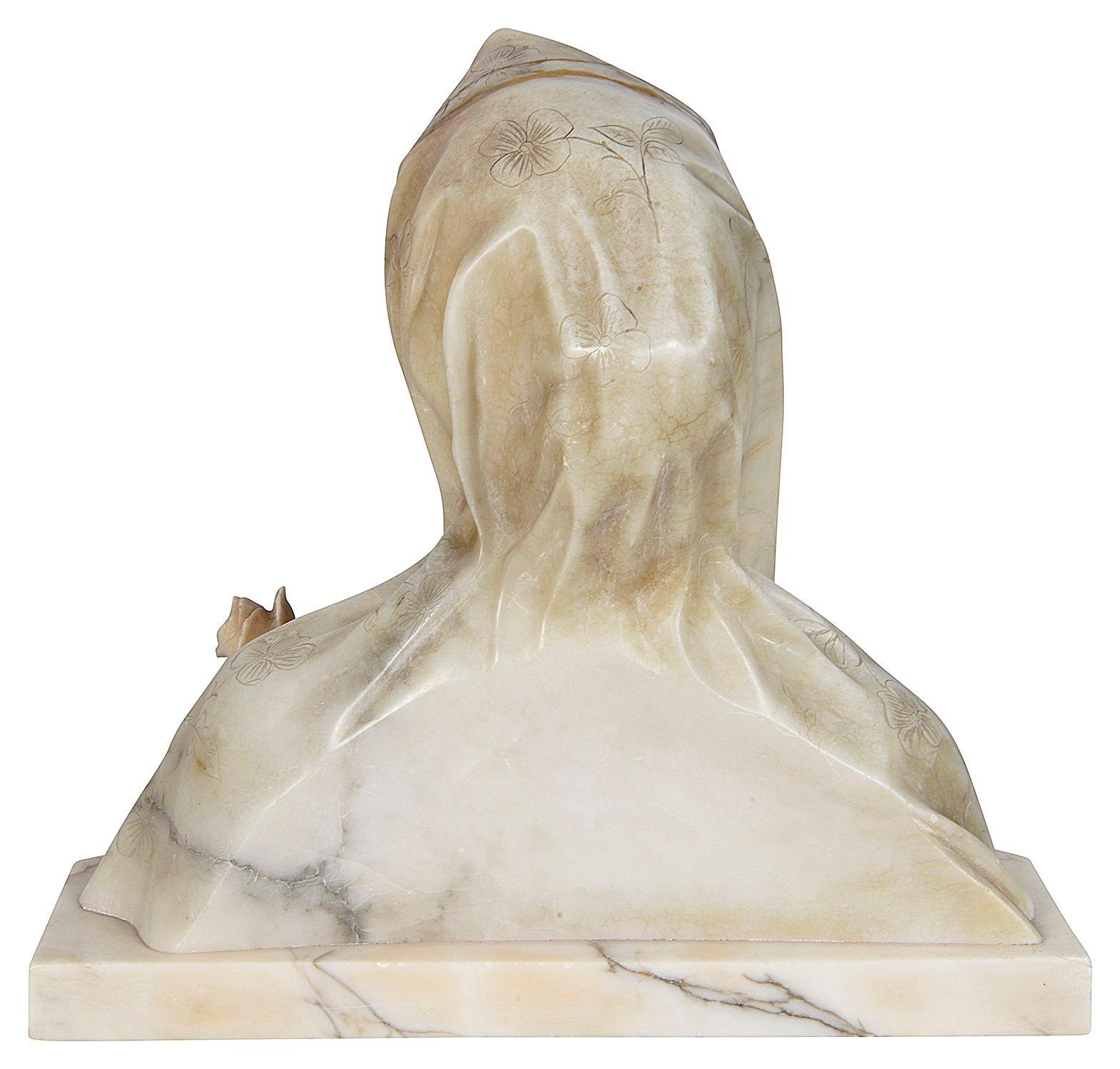 Hand-Carved 19th Century Marble and Alabaster bust of young girl For Sale