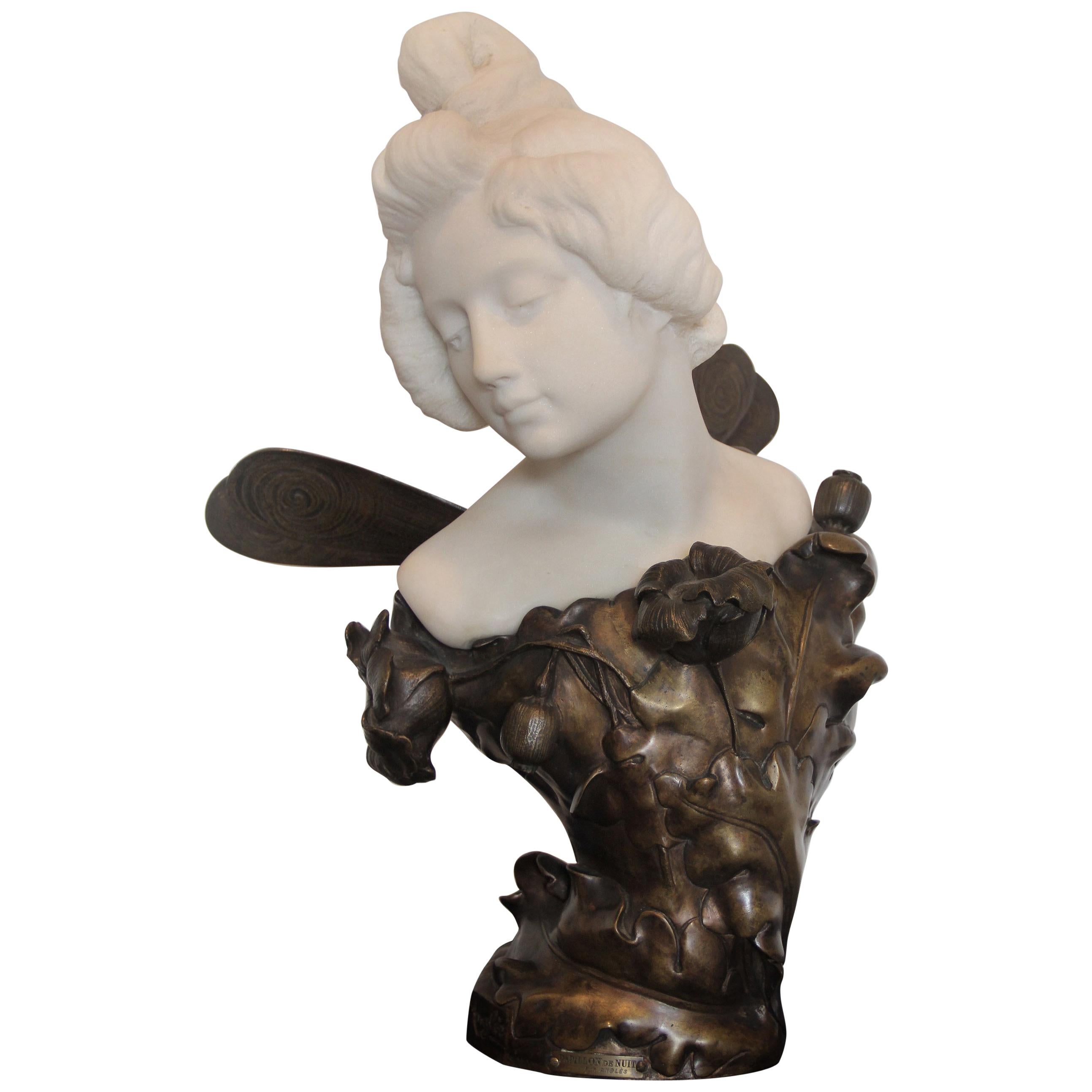 19th Century Marble and Bronze Bust Entitled “Papillon De Nuit”, Joaquim Anglès